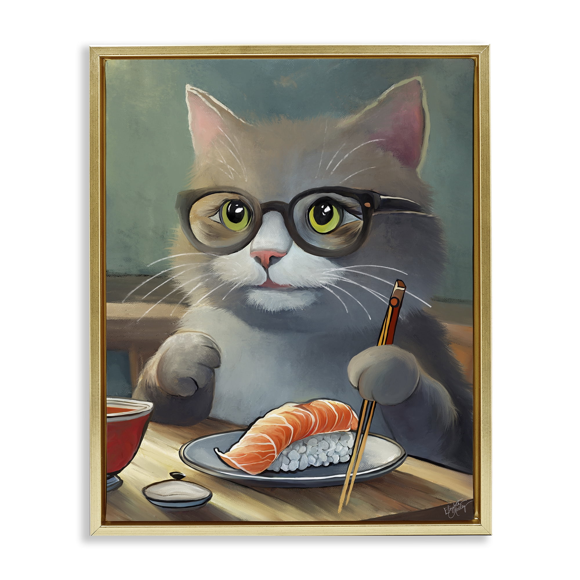 Stupell Industries Cat Eating Sushi Food & Beverage Painting Gold Floater Framed Canvas Art Print Wall Art, 25 x 31