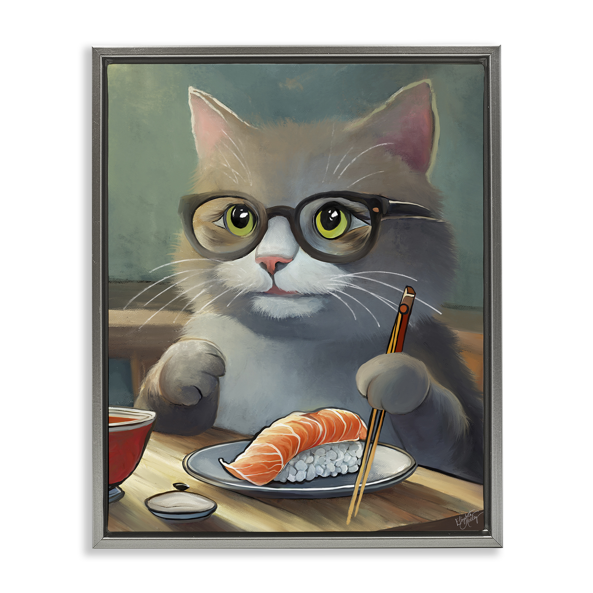 Stupell Industries Cat Eating Sushi Food & Beverage Painting Gray Floater Framed Canvas Art Print Wall Art, 17 x 21
