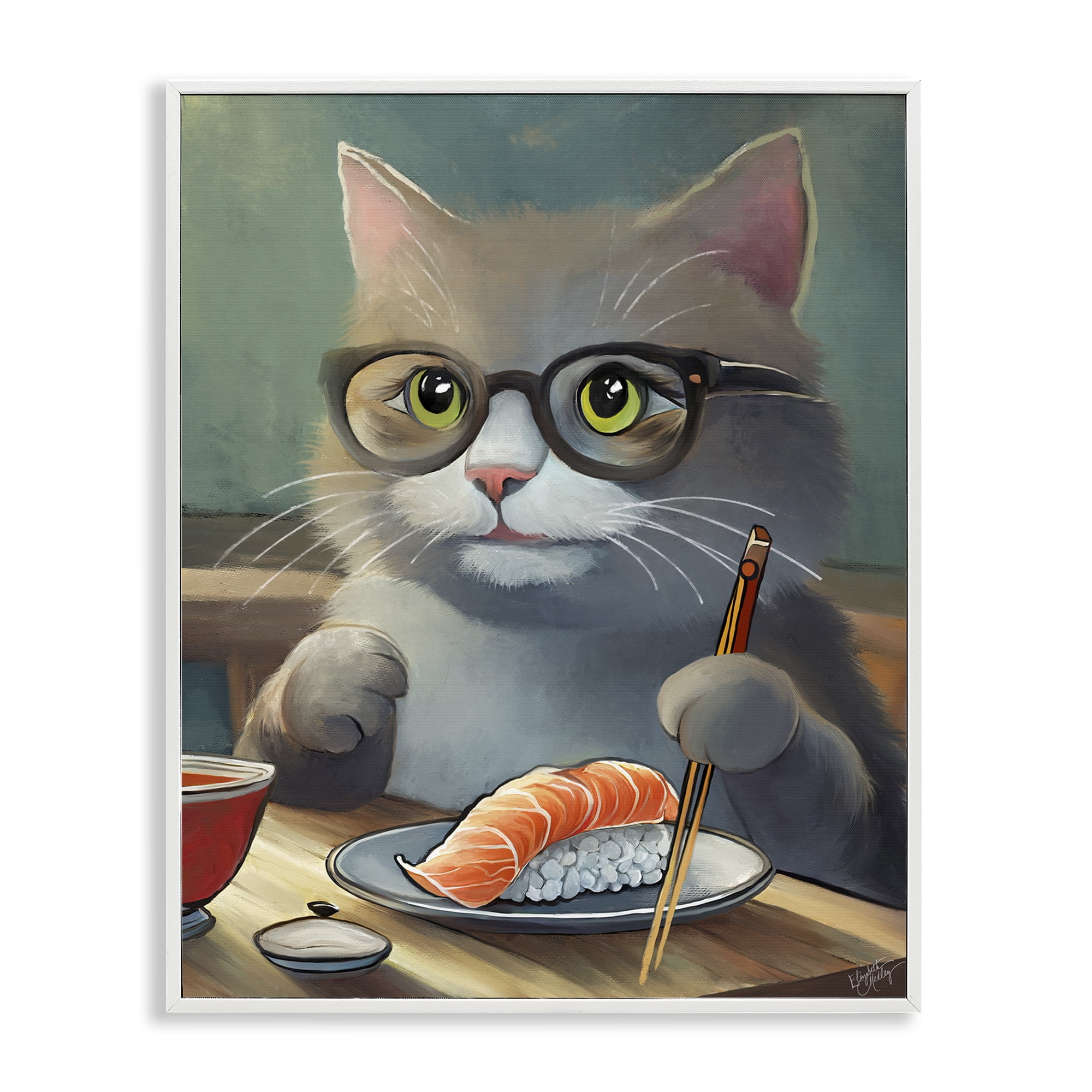 Stupell Industries Cat Eating Sushi Food & Beverage Painting White Framed Art Print Wall Art, 16 x 20