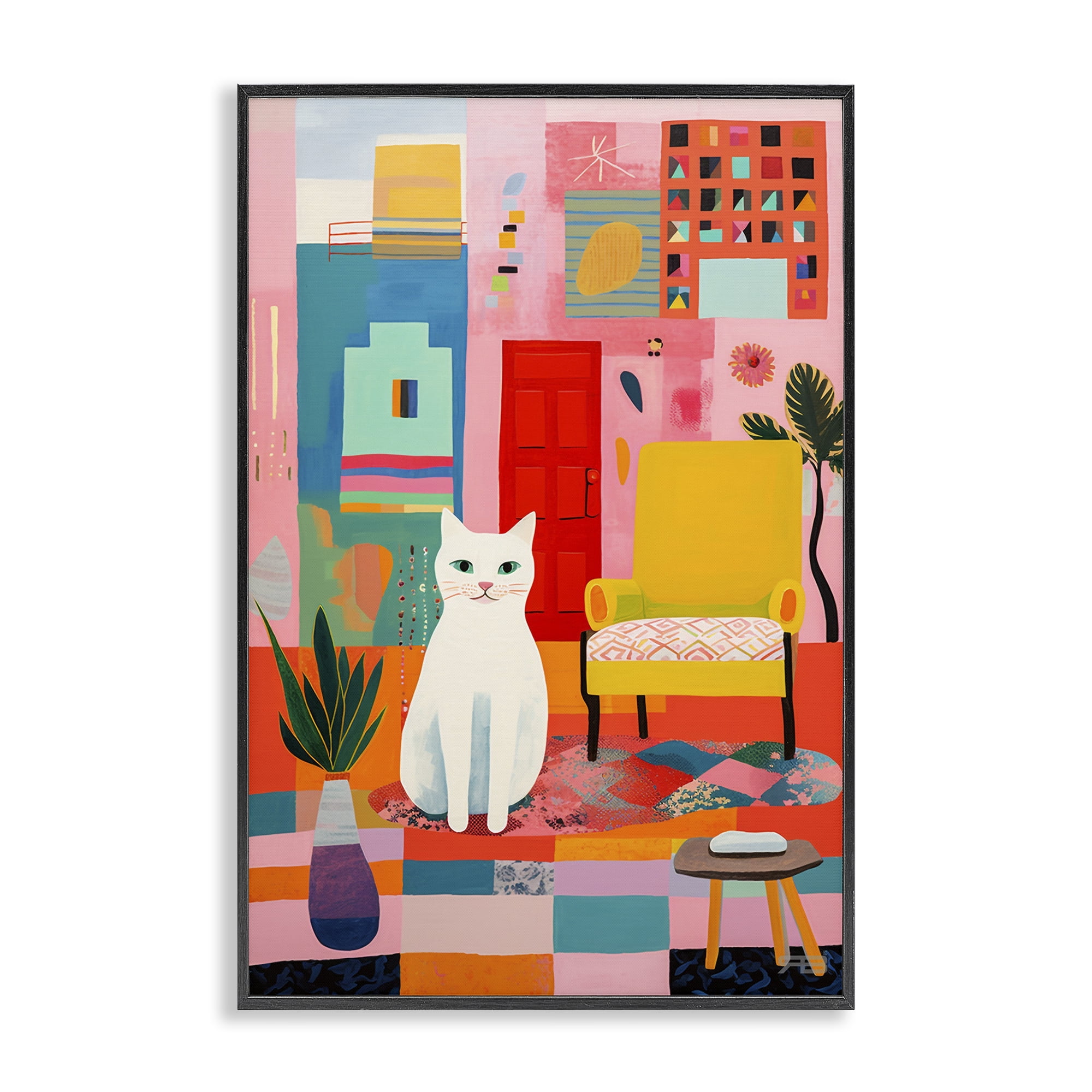 Stupell Industries Cat & Eclectic Design Animals & Insects Painting Black Framed Art Print Wall Art, 20 x 30