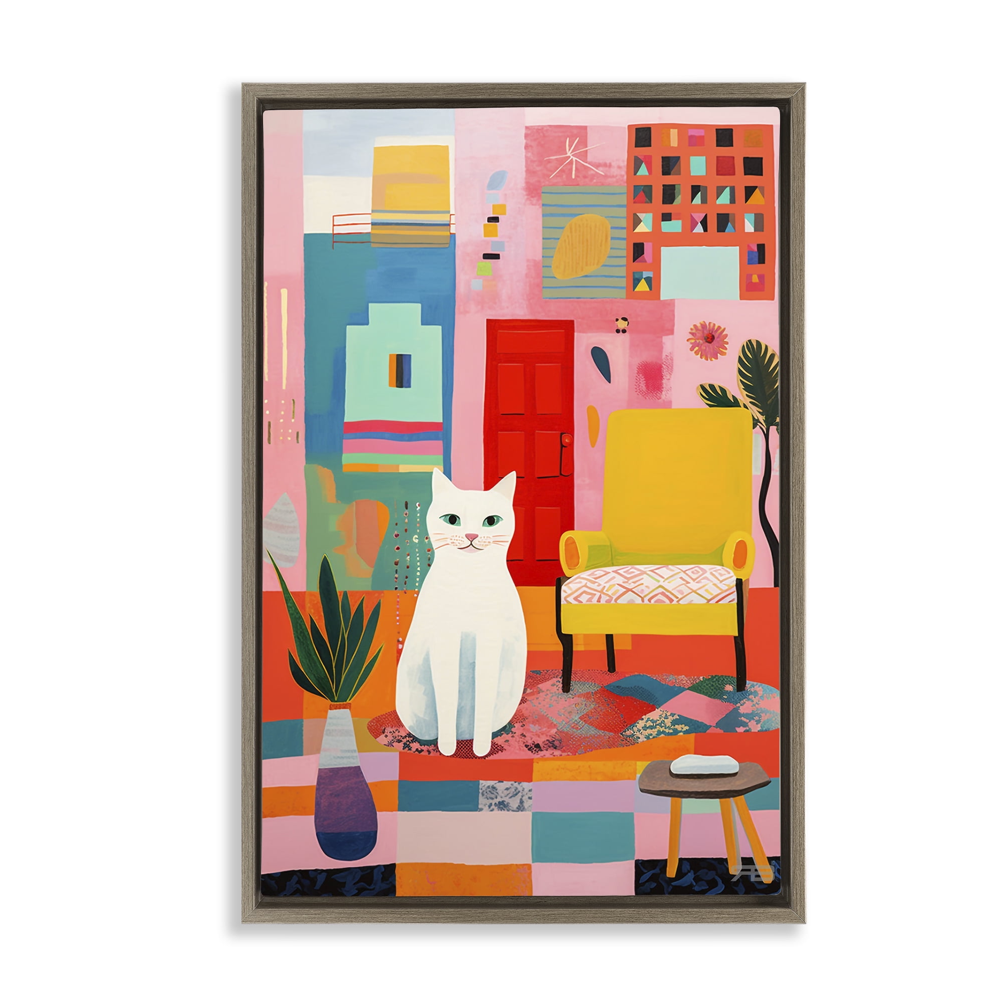 Stupell Industries Cat & Eclectic Design Animals & Insects Painting Brown Floater Framed Canvas Art Print Wall Art, 21 x 31