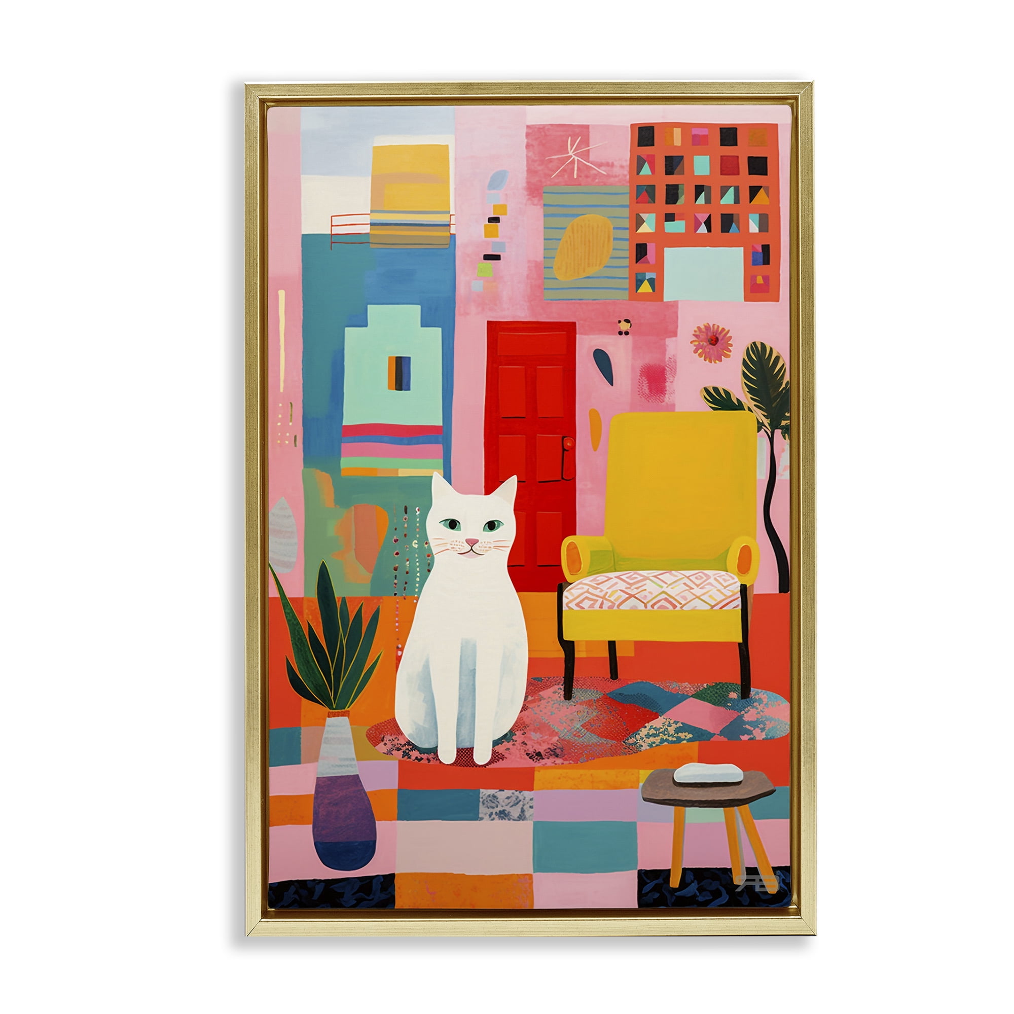 Stupell Industries Cat & Eclectic Design Animals & Insects Painting Gold Floater Framed Canvas Art Print Wall Art, 17 x 25