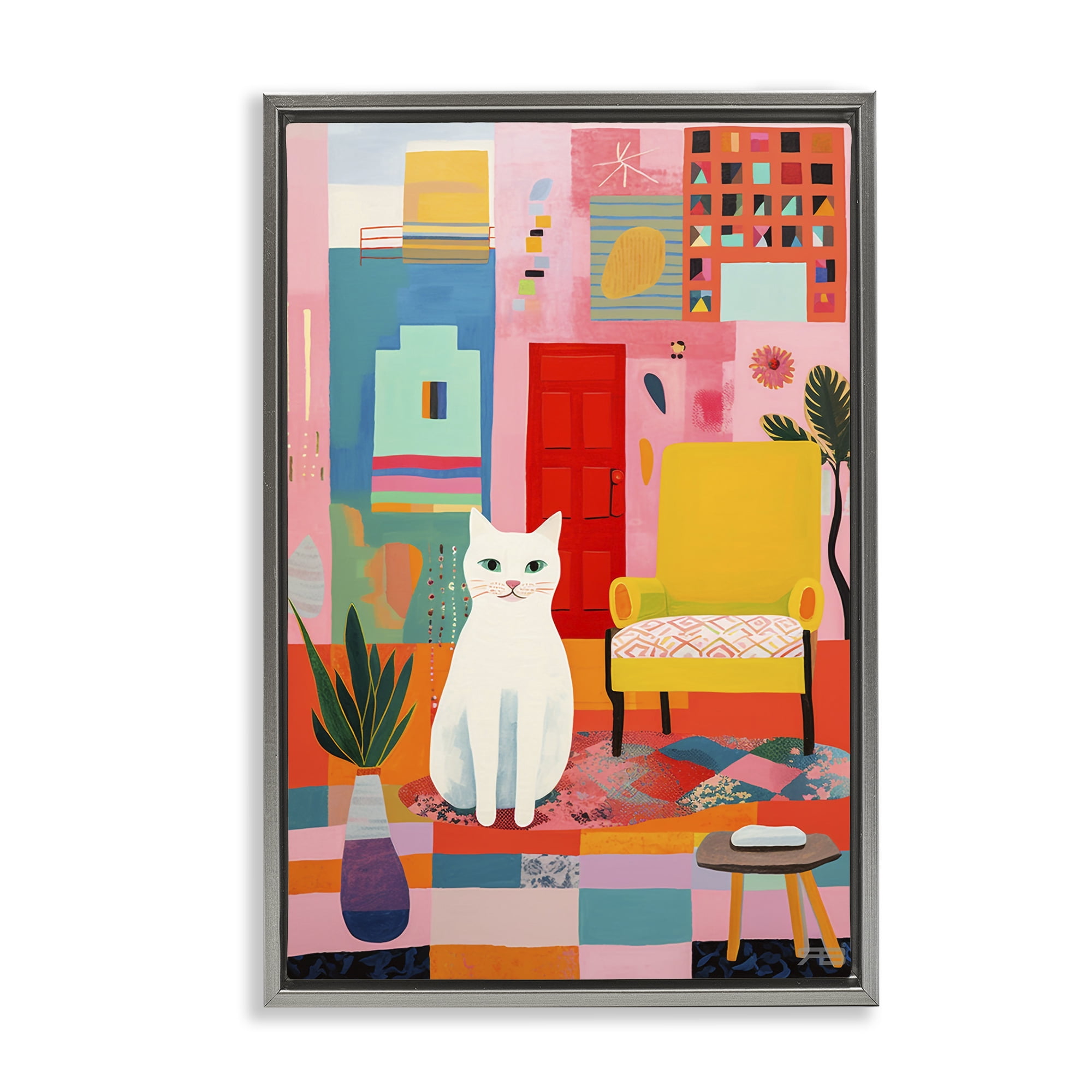 Stupell Industries Cat & Eclectic Design Animals & Insects Painting Gray Floater Framed Canvas Art Print Wall Art, 21 x 31