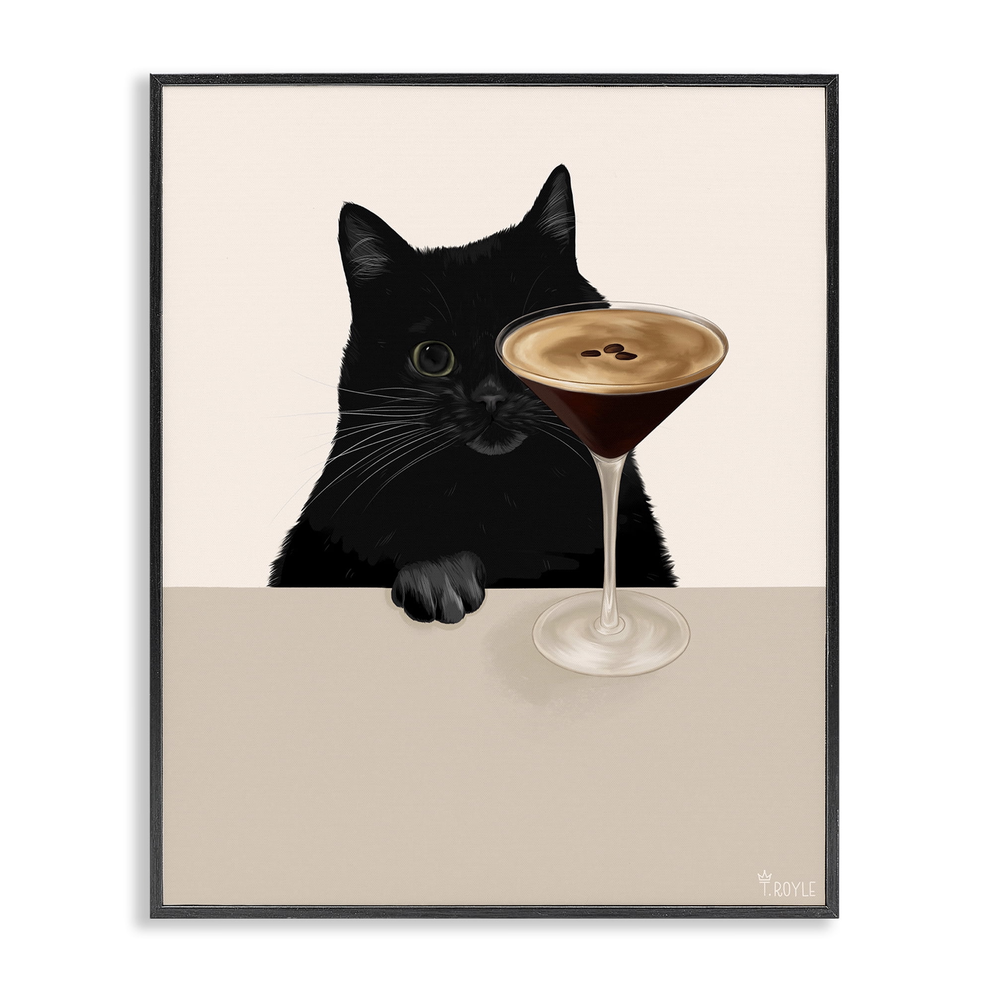 Stupell Industries Cat & Espresso Martini Food & Beverage Painting Black Framed Art Print Wall Art, 16 x 20