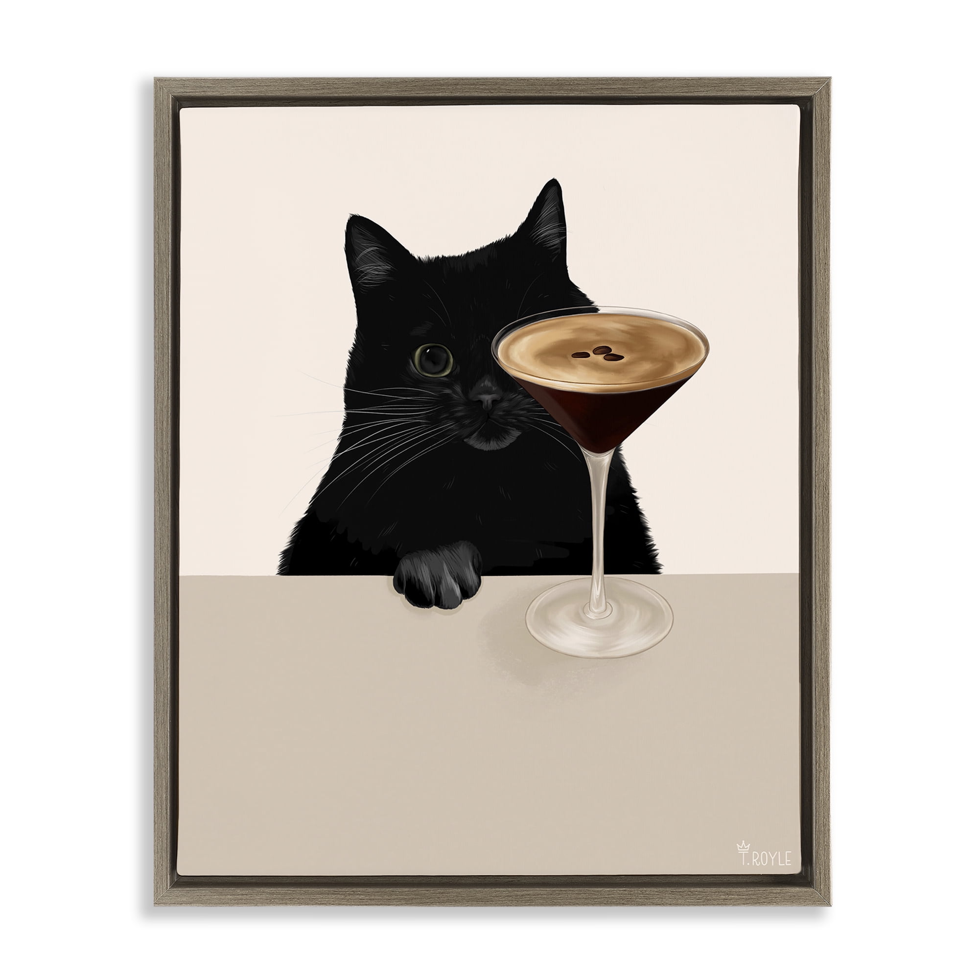 Stupell Industries Cat & Espresso Martini Food & Beverage Painting Brown Floater Framed Art Print Wall Art, 17 x 21