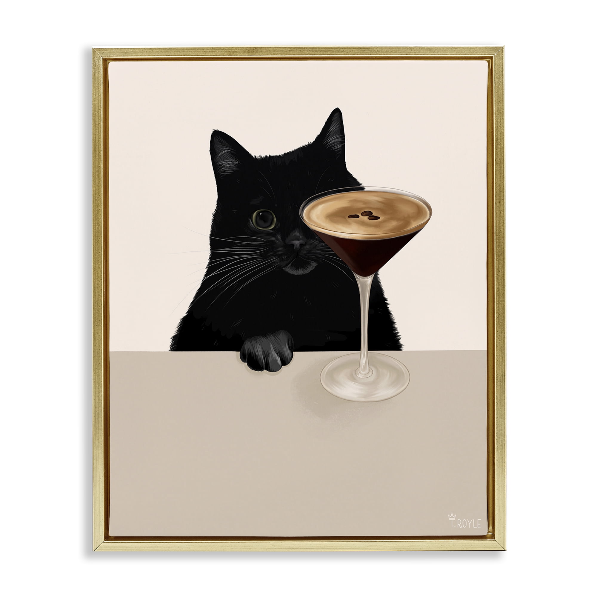Black Cat with Espresso Martini Gold Framed Canvas Print, 25 x 31