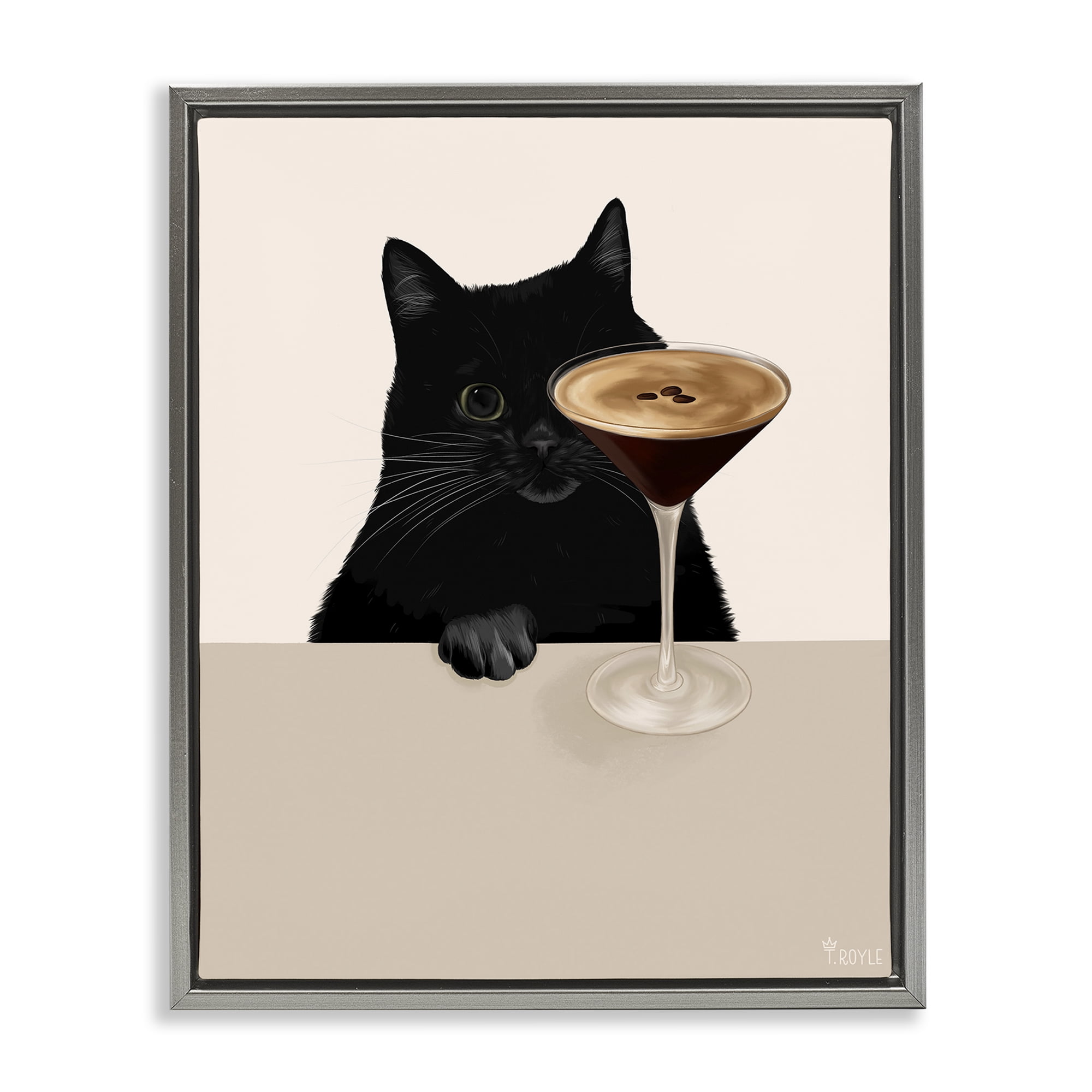 Stupell Industries Cat & Espresso Martini Food & Beverage Painting Gray Floater Framed Art Print Wall Art, 17 x 21