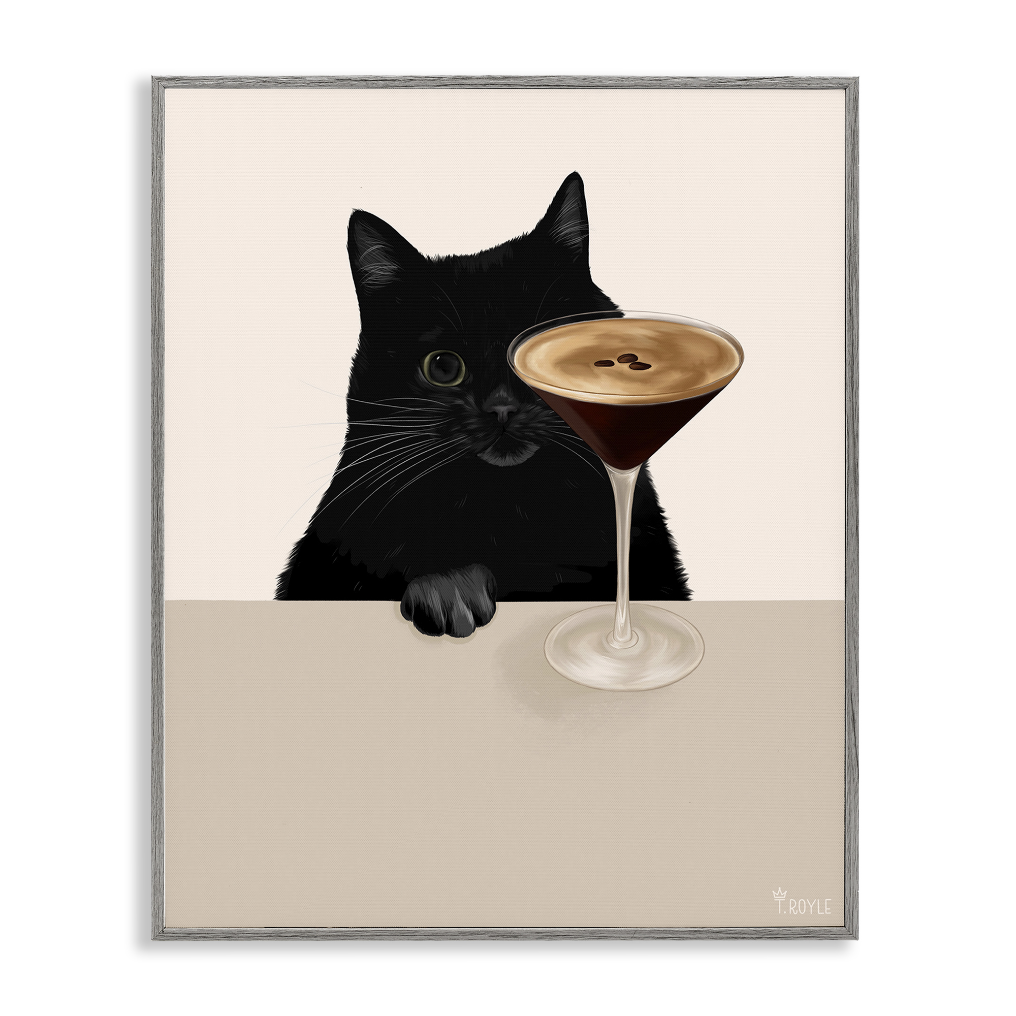 Stupell Industries Cat & Espresso Martini Food & Beverage Painting Gray Framed Art Print Wall Art, 11 x 14