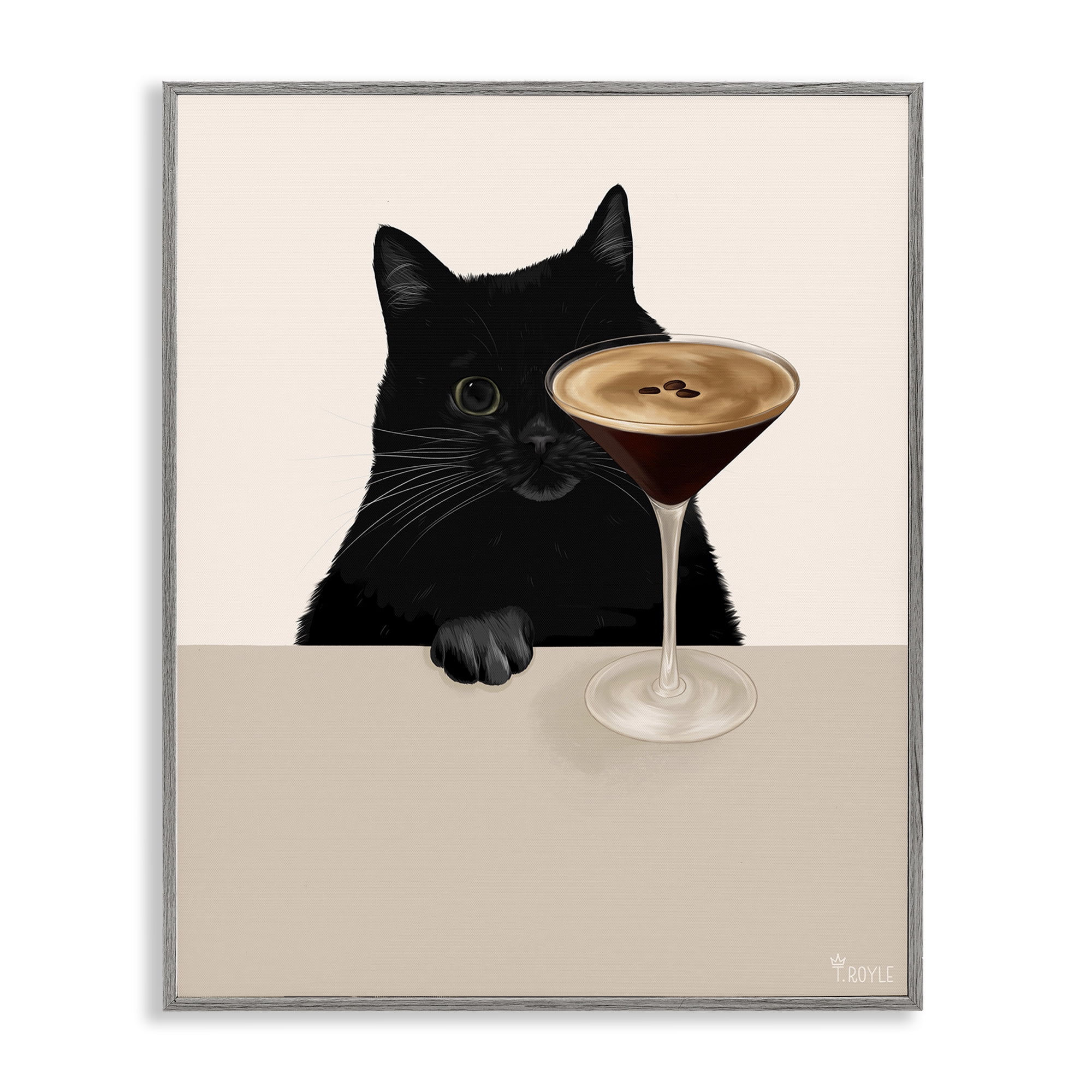 Stupell Industries Cat & Espresso Martini Food & Beverage Painting Gray Framed Art Print Wall Art, 16 x 20