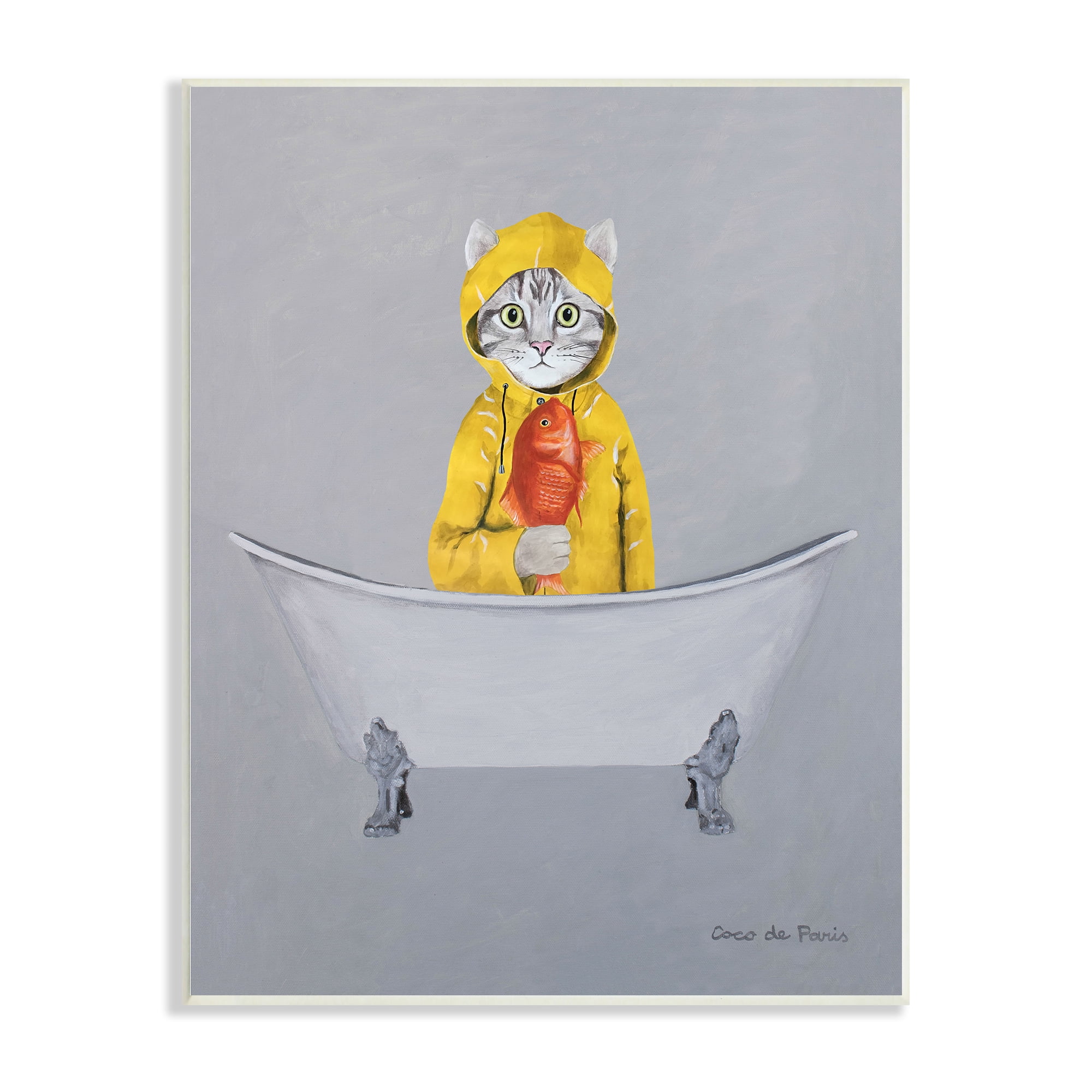 Stupell Industries Cat Fish Yellow Raincoat Claw Foot Bathtub , 10 x 15, Design by Coco de Paris