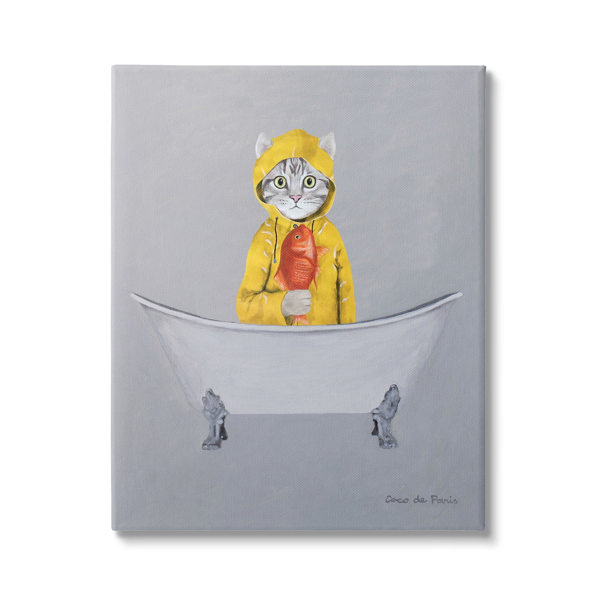 Stupell Industries Cat Fish Yellow Raincoat Claw Foot Bathtub , 36 x 48, Design by Coco de Paris