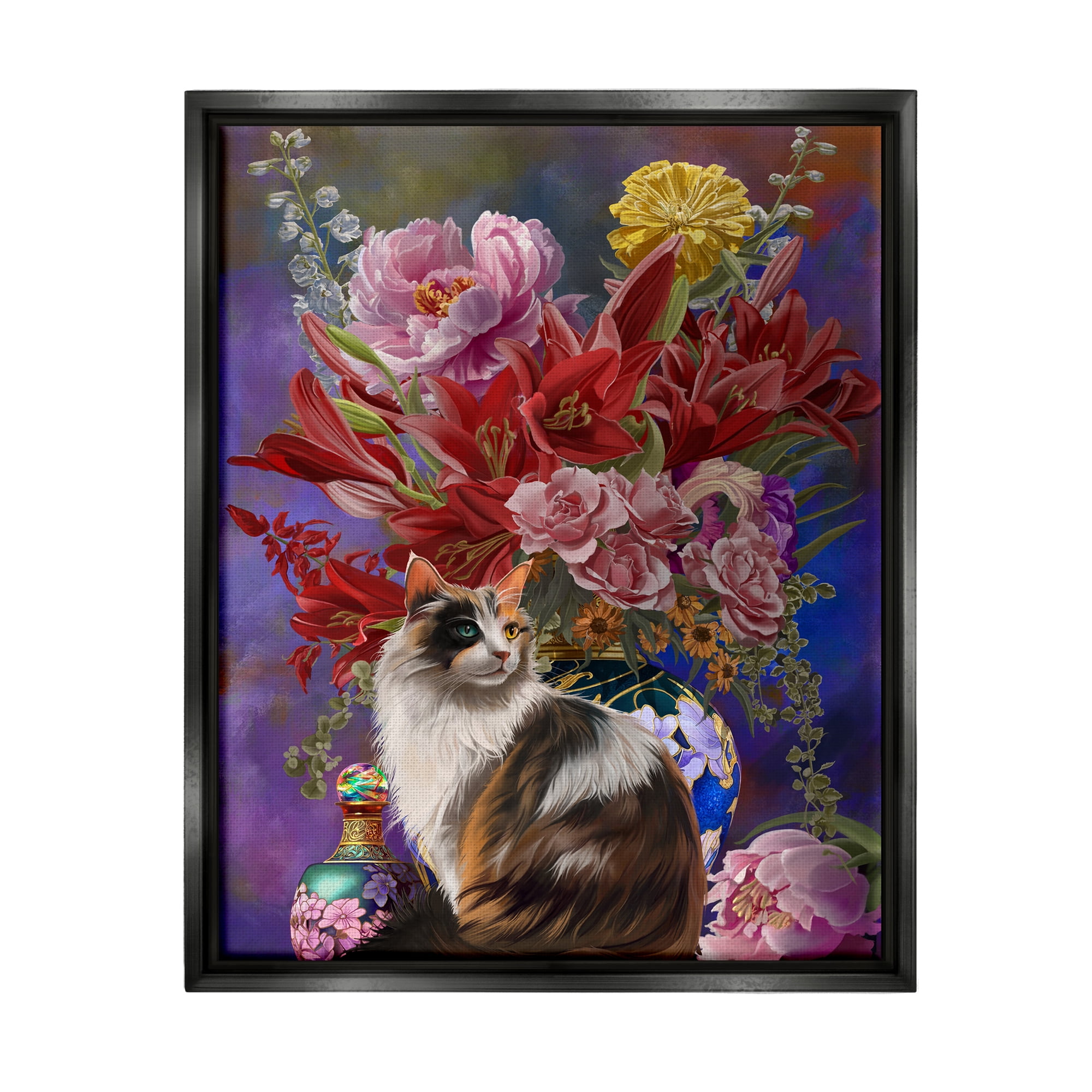 Stupell Industries Cat & Flower Chinoiserie Botanical & Floral Painting Black Floater Framed Canvas Art Print Wall Art, 25 x 31