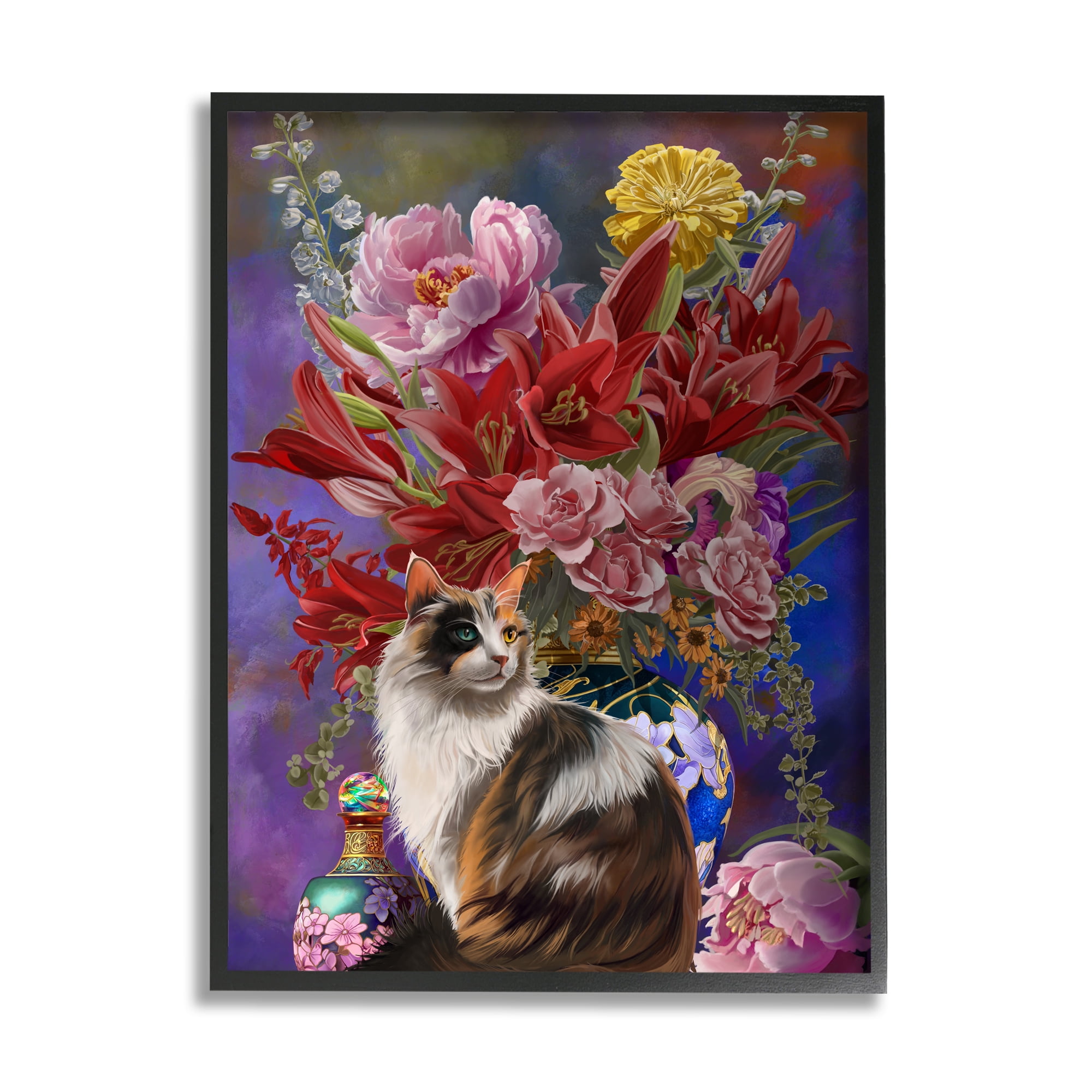 Stupell Industries Cat & Flower Chinoiserie Botanical & Floral Painting Black Framed Art Print Wall Art, 16 x 20