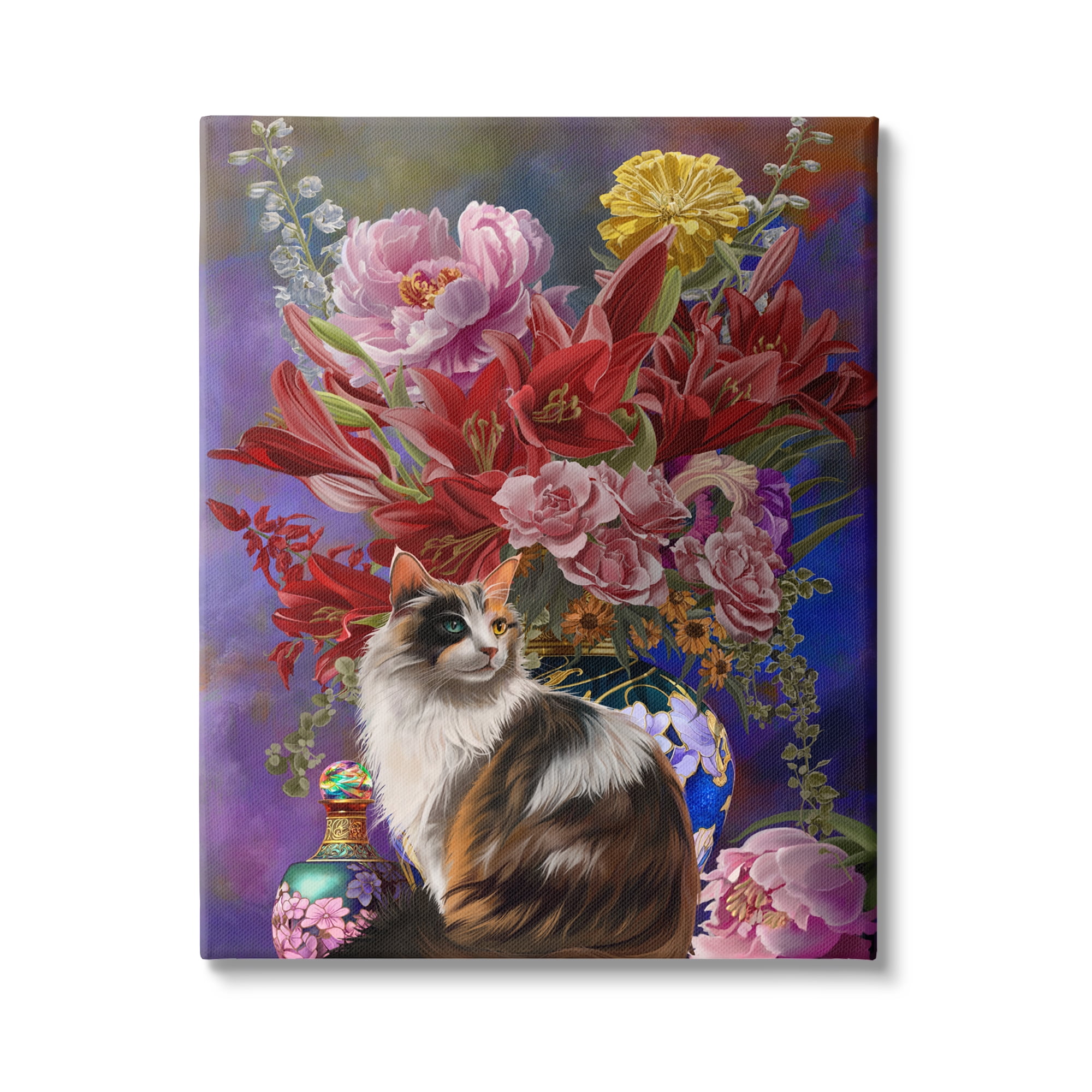 Stupell Industries Cat & Flower Chinoiserie Botanical & Floral Painting Gallery Wrapped Canvas Art Print Wall Art, 16 x 20