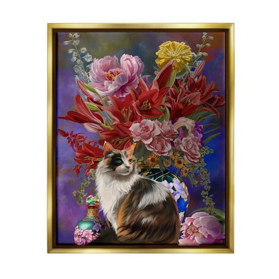 Stupell Industries Cat & Flower Chinoiserie Botanical & Floral Painting Gold Floater Framed Canvas Art Print Wall Art, 17 x 21