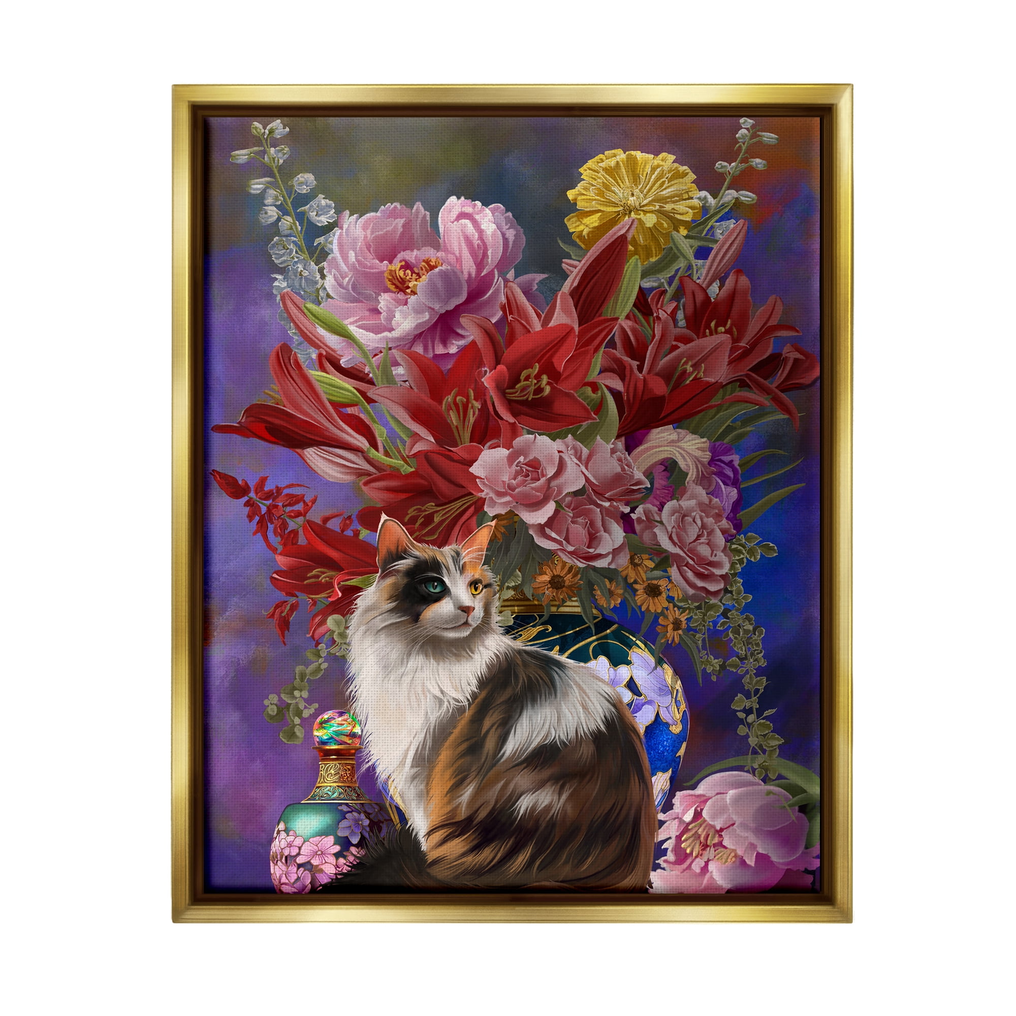 Stupell Industries Cat & Flower Chinoiserie Botanical & Floral Painting Gold Floater Framed Canvas Art Print Wall Art, 25 x 31