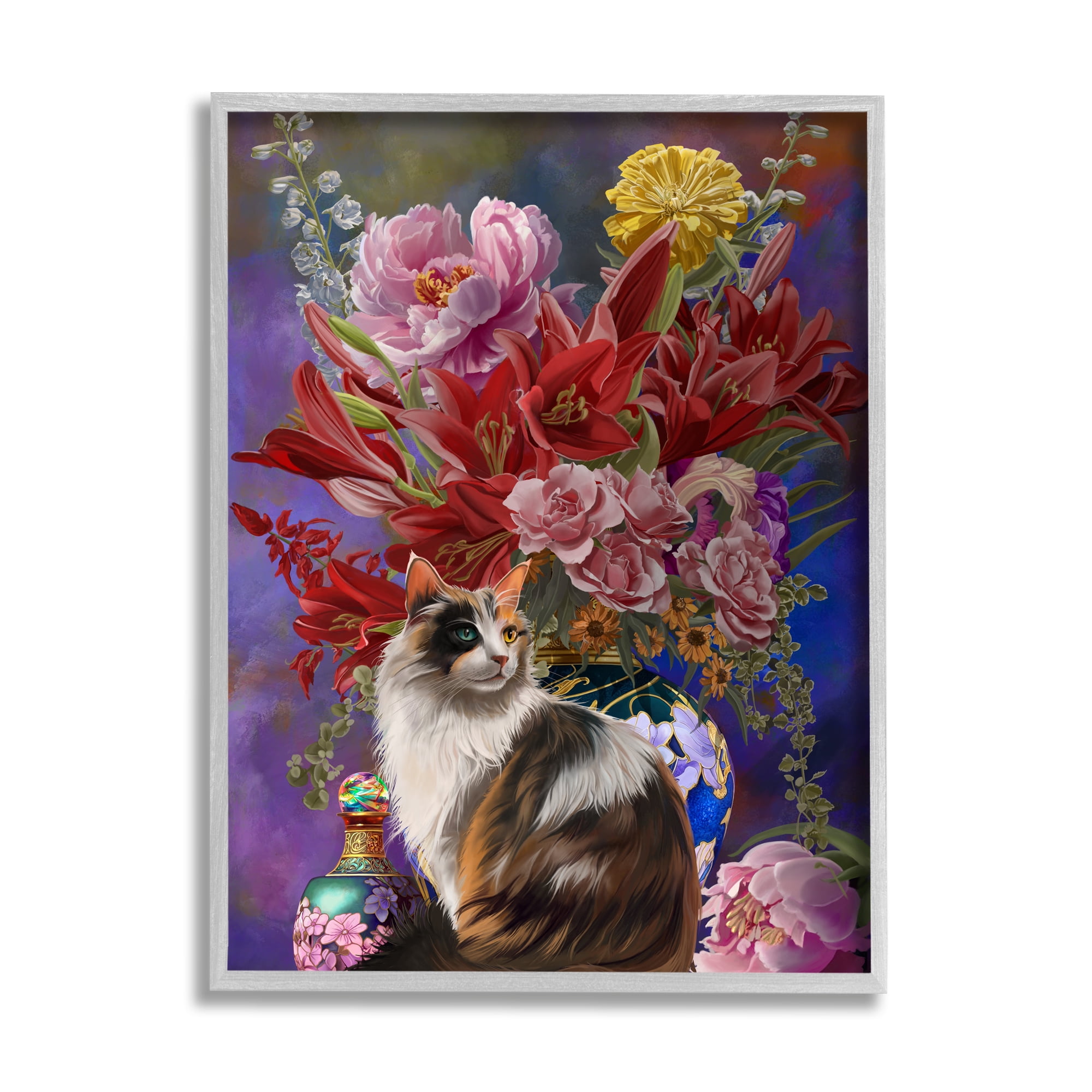 Stupell Industries Cat & Flower Chinoiserie Botanical & Floral Painting Gray Framed Art Print Wall Art, 24 x 30