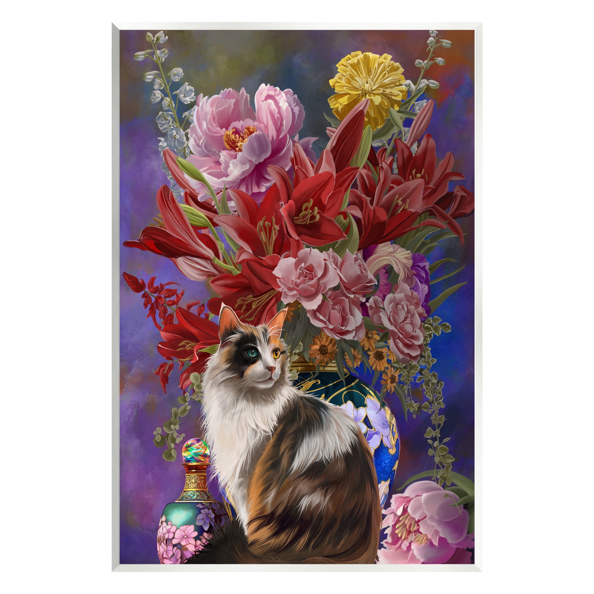 Stupell Industries Cat & Flower Chinoiserie Botanical & Floral Painting Unframed Art Print Wall Art, 10 x 15