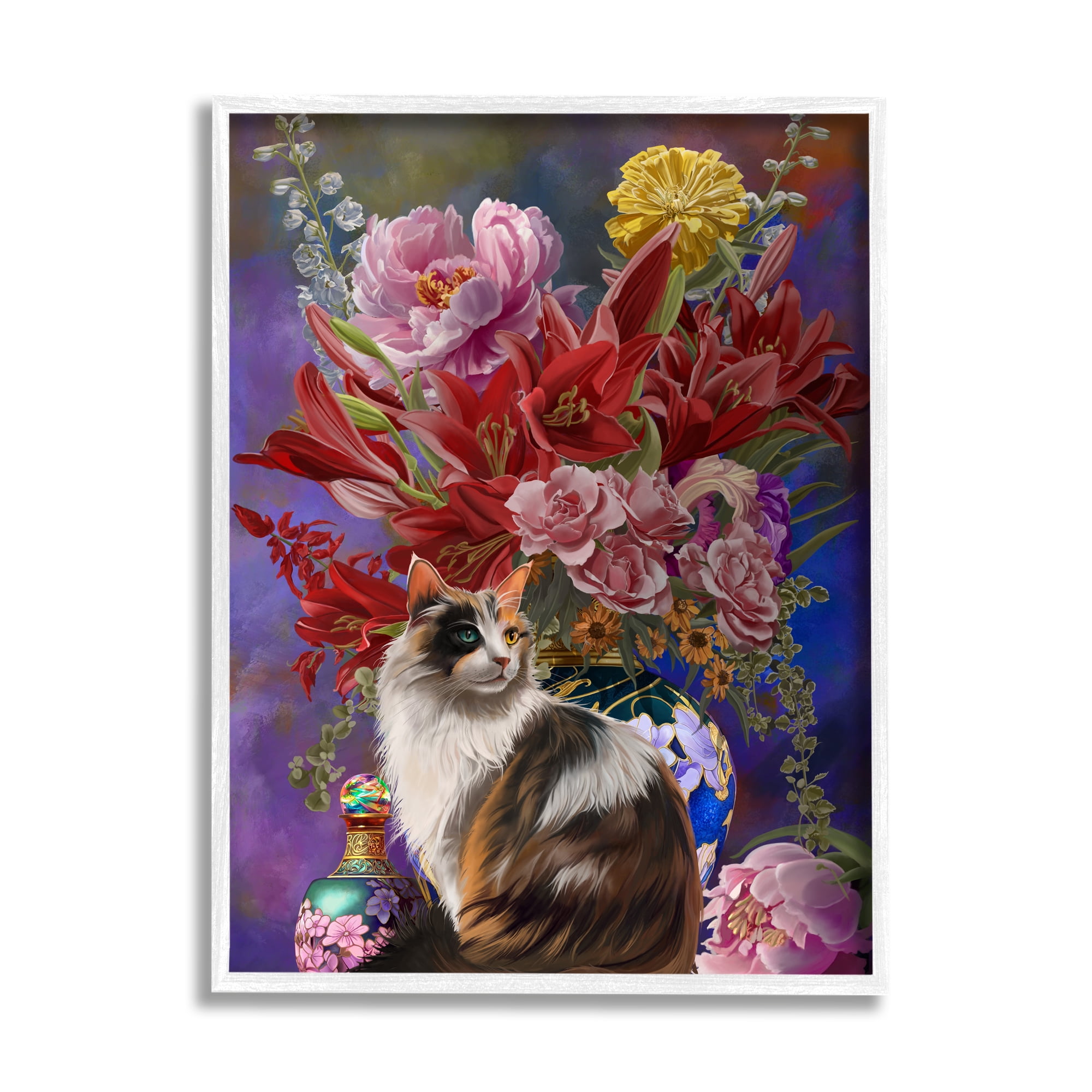 Stupell Industries Cat & Flower Chinoiserie Botanical & Floral Painting White Framed Art Print Wall Art, 24 x 30