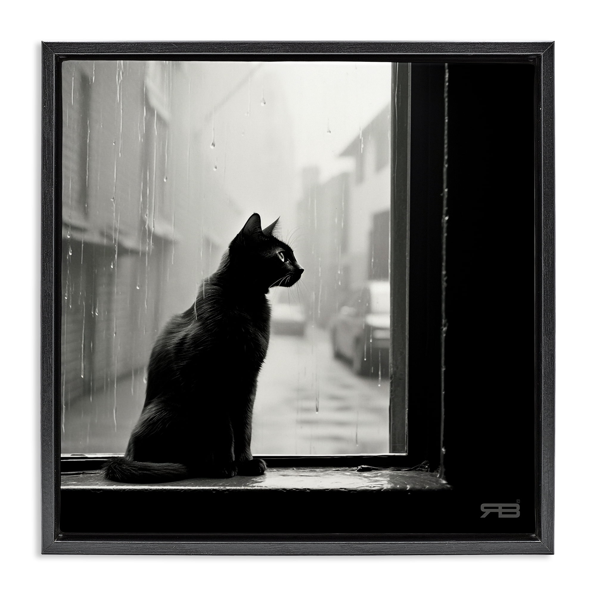 Stupell Industries Cat Gazing Rainy Window Animals & Insects Painting Black Floater Framed Canvas Art Print Wall Art, 25 x 25
