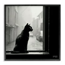 Stupell Industries Cat Gazing Rainy Window Animals & Insects Painting Black Framed Art Print Wall Art, 12 x 12
