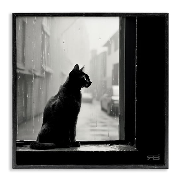 Stupell Industries Cat Gazing Rainy Window Animals & Insects Painting Black Framed Art Print Wall Art, 17 x 17