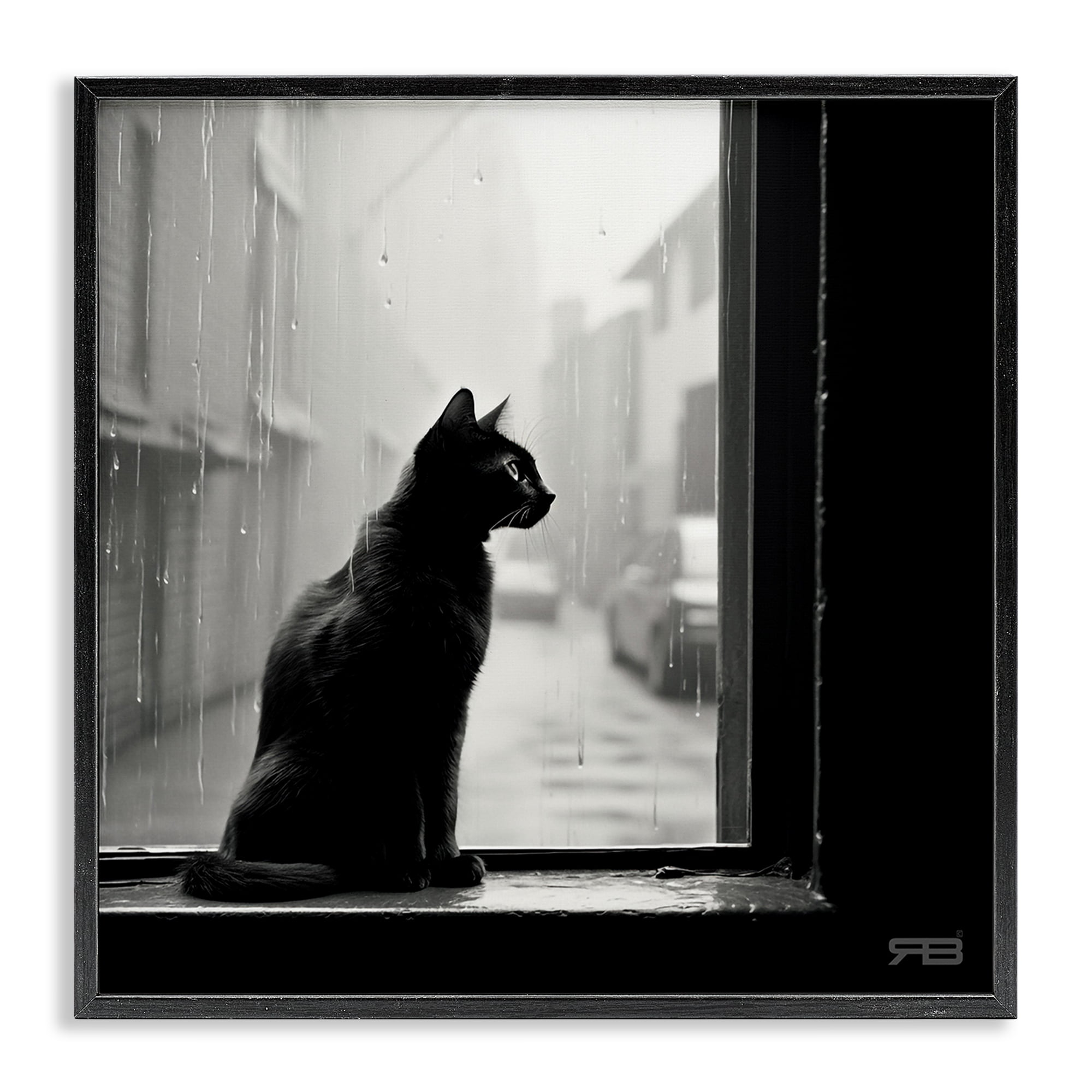 Stupell Industries Cat Gazing Rainy Window Animals & Insects Painting Black Framed Art Print Wall Art, 24 x 24