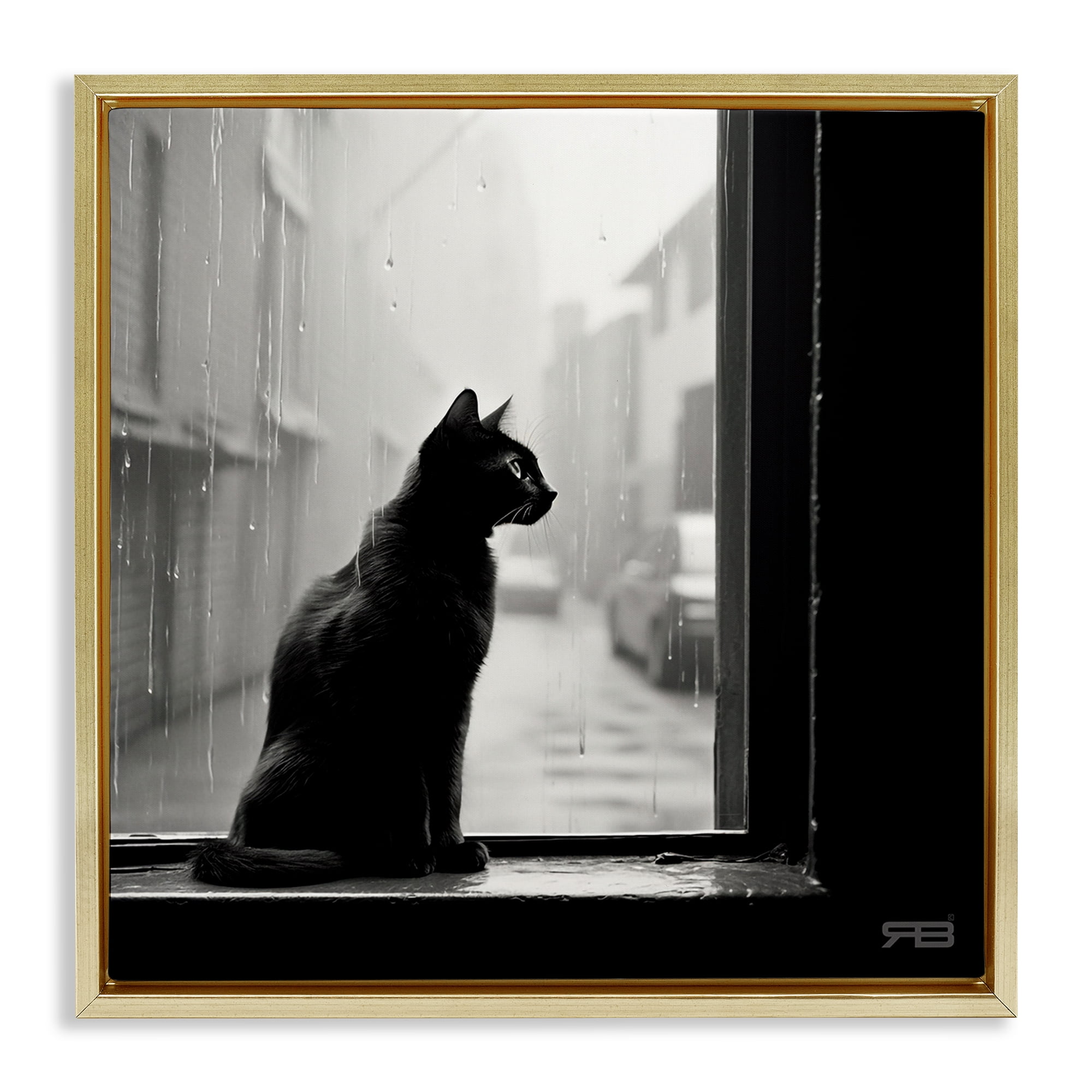 Stupell Industries Cat Gazing Rainy Window Animals & Insects Painting Gold Floater Framed Canvas Art Print Wall Art, 18 x 18