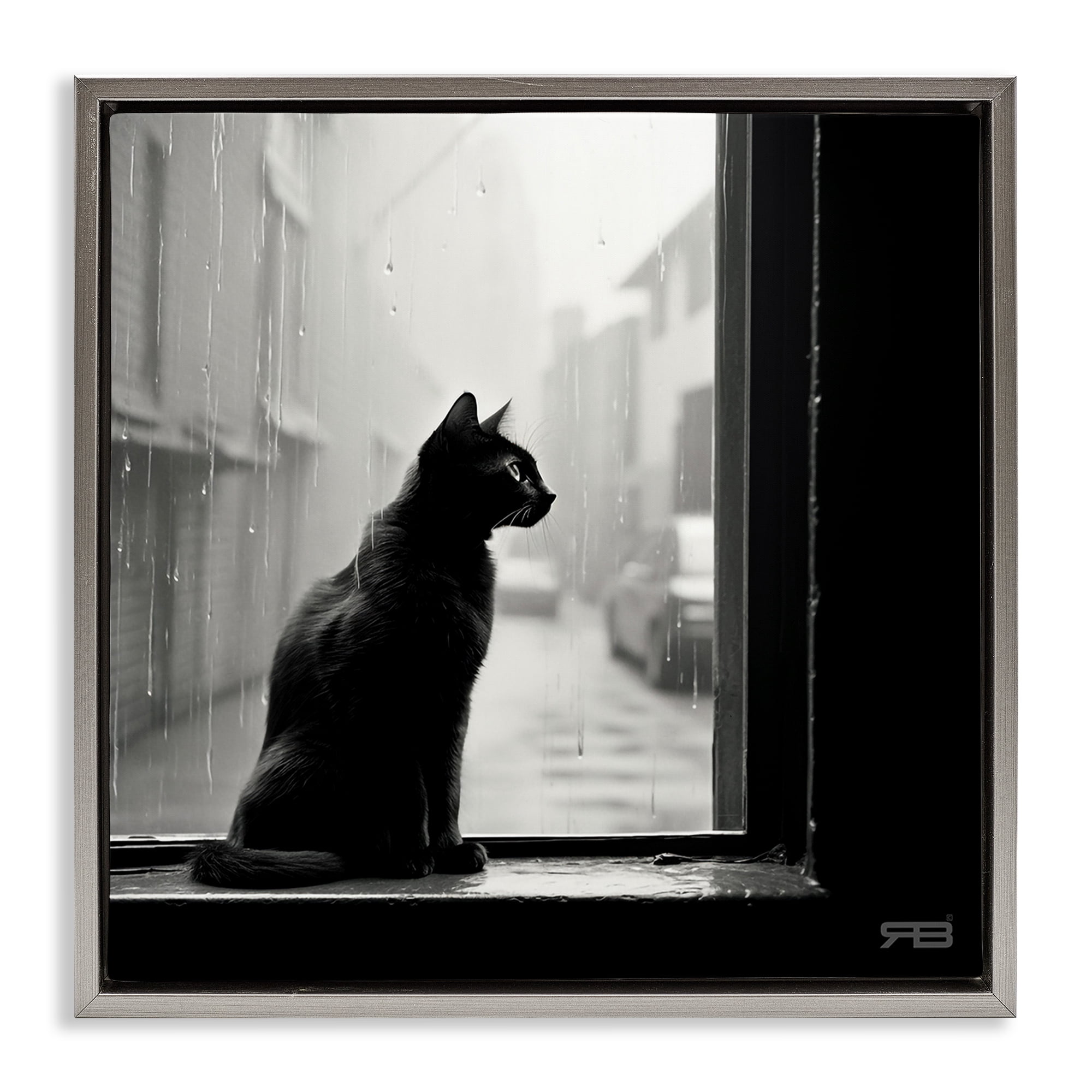 Stupell Industries Cat Gazing Rainy Window Animals & Insects Painting Gray Floater Framed Canvas Art Print Wall Art, 18 x 18