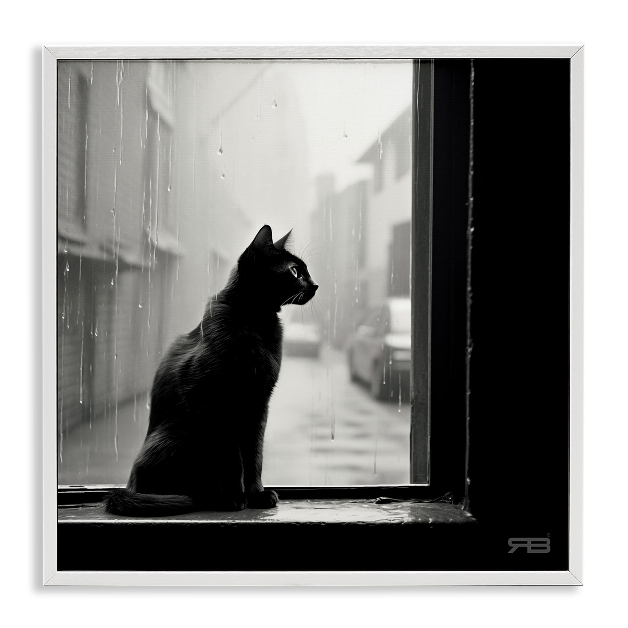 Stupell Industries Cat Gazing Rainy Window Animals & Insects Painting White Framed Art Print Wall Art, 17 x 17
