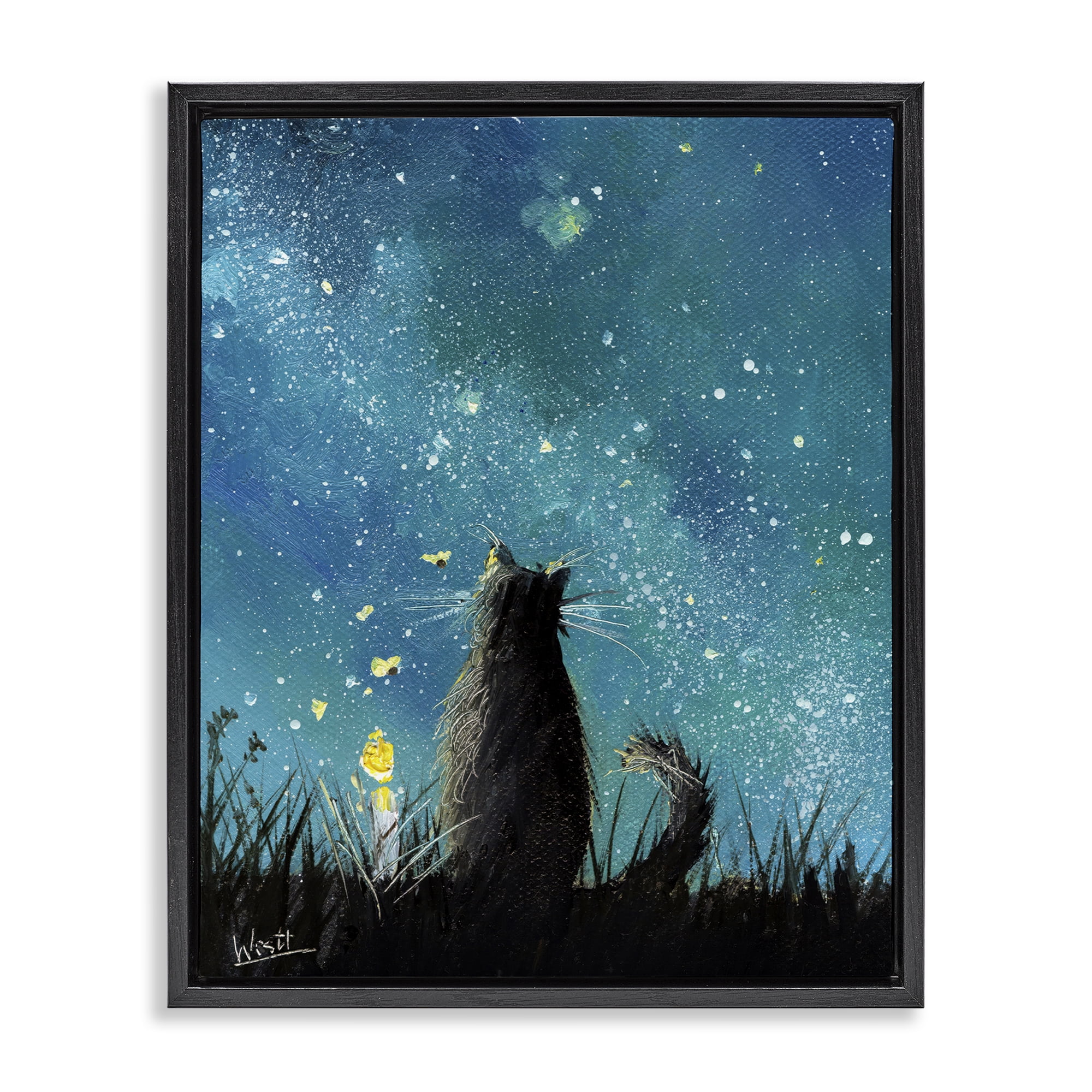 Stupell Industries Cat Gazing at Stars Astrology & Stars Painting Black Floater Framed Canvas Art Print Wall Art, 25 x 31