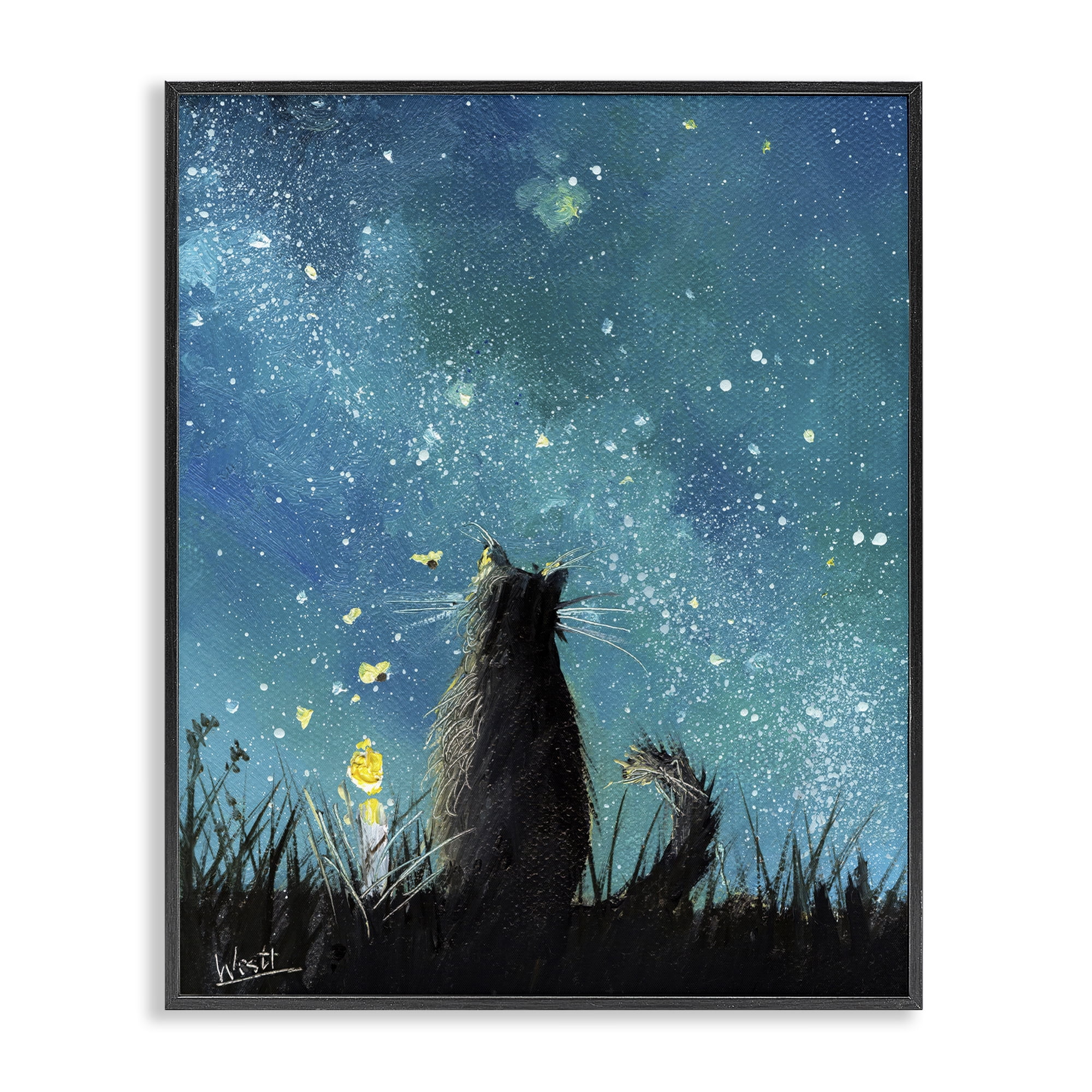 Stupell Industries Cat Gazing at Stars Astrology & Stars Painting Black Framed Art Print Wall Art, 24 x 30