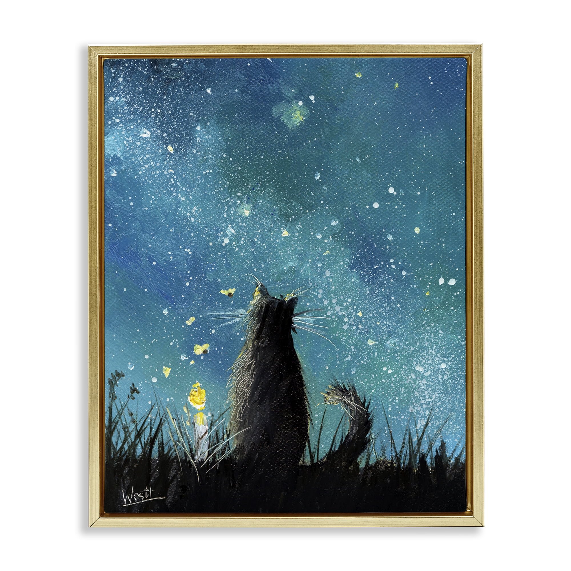 Stupell Industries Cat Gazing at Stars Astrology & Stars Painting Gold Floater Framed Canvas Art Print Wall Art, 17 x 21