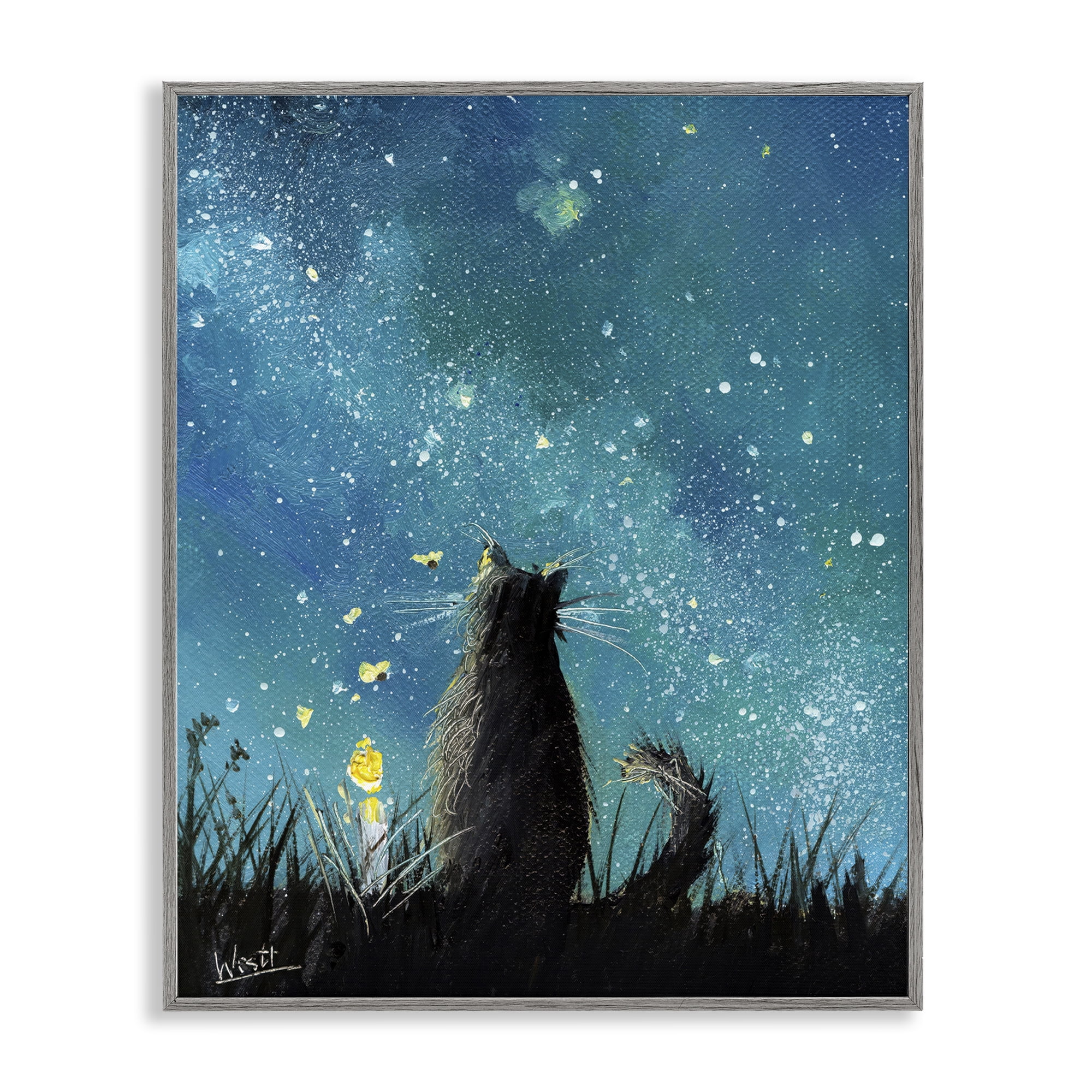 Stupell Industries Cat Gazing at Stars Astrology & Stars Painting Gray Framed Art Print Wall Art, 11 x 14