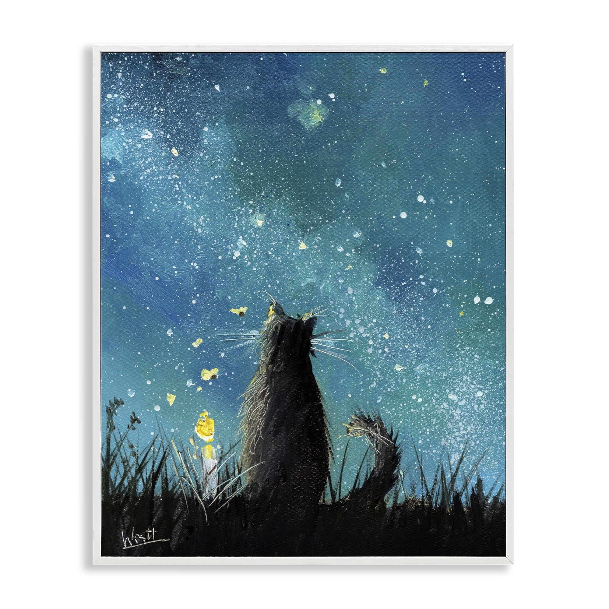 Stupell Industries Cat Gazing at Stars Astrology & Stars Painting White Framed Art Print Wall Art, 11 x 14