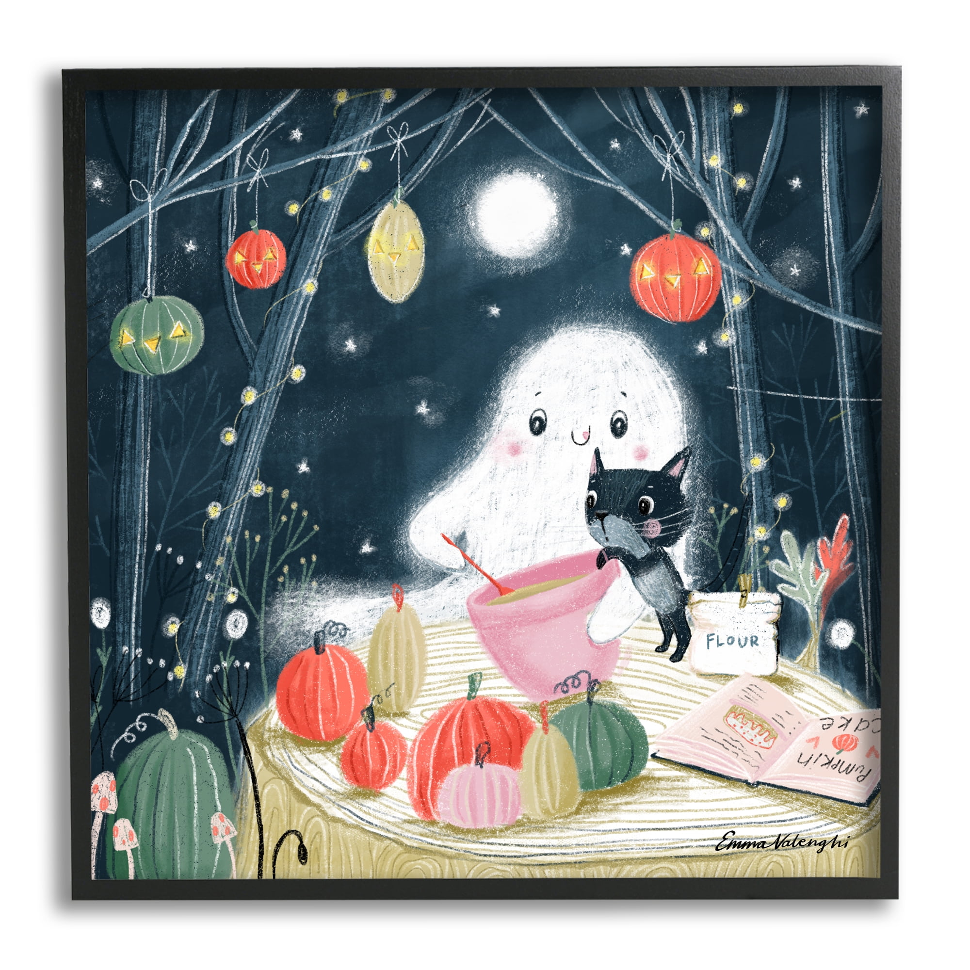 Stupell Industries Cat & Ghost Baking Pumpkin Cake Holiday Painting Black Framed Art Print Wall Art