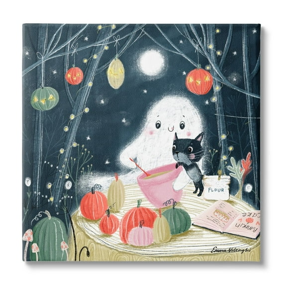 Stupell Industries Cat & Ghost Baking Pumpkin Cake Holiday Painting Gallery Wrapped Canvas Print Wall Art