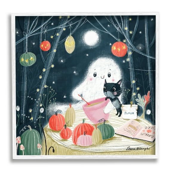 Stupell Industries Cat & Ghost Baking Pumpkin Cake Holiday Painting White Framed Art Print Wall Art