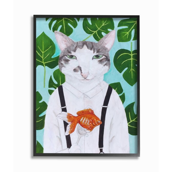 Stupell Industries Cat Goldfish Dinner Funny Animal Portrait Painting Black Framed Art Print Wall Art, 11x14, by Sally B