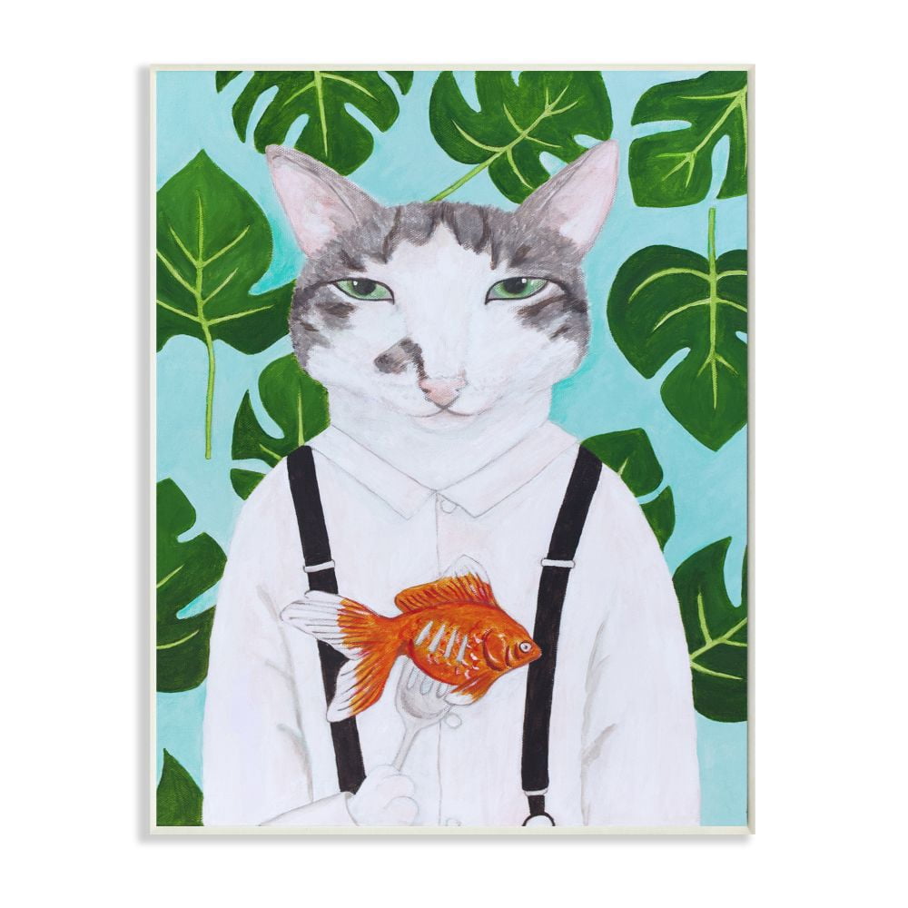 Stupell Industries Cat Goldfish Dinner Funny Animal Portrait Painting Wall Plaque by Sally B, 13" x 19", Wall Plaque