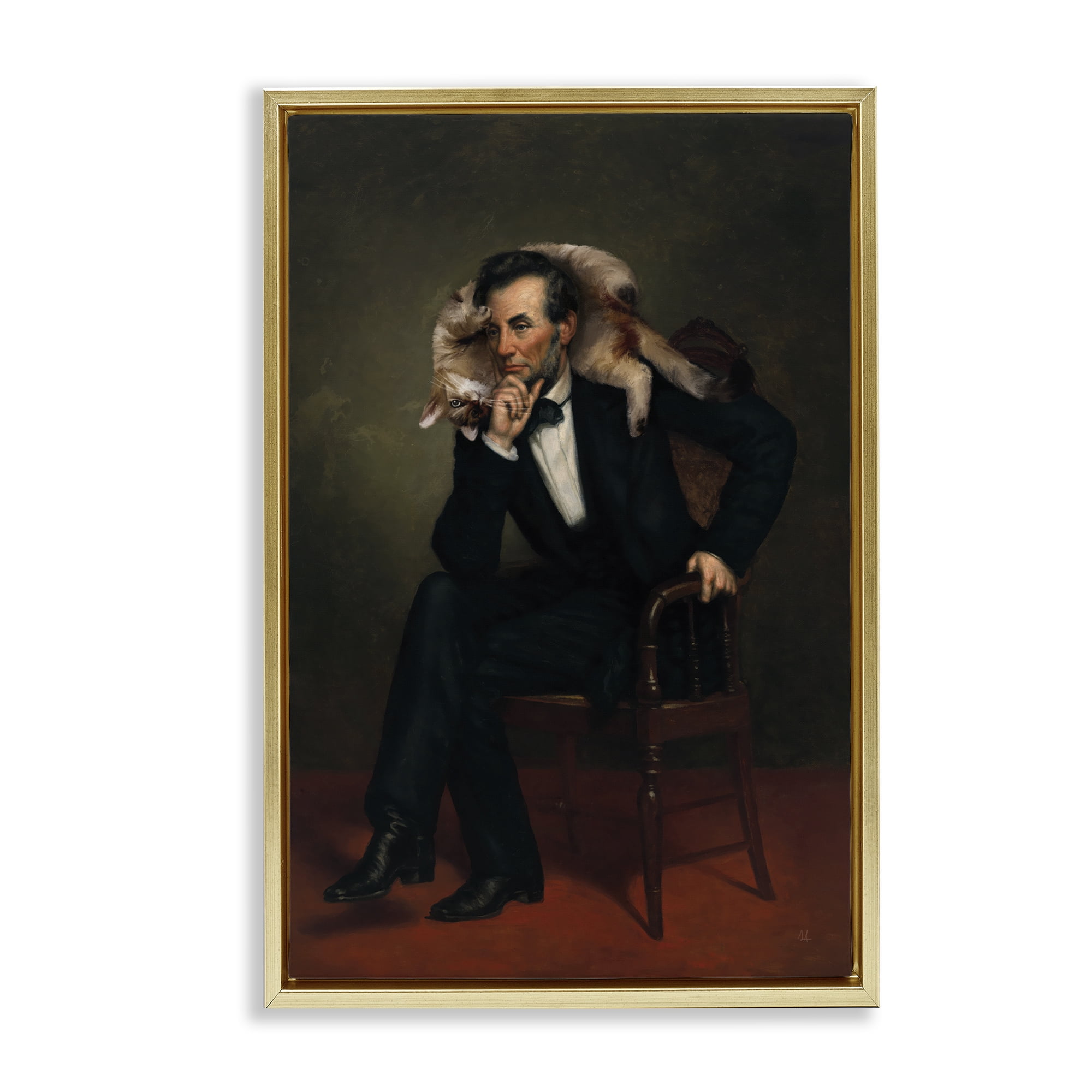 Stupell Industries Cat & Historical Leader Gold Framed Floater Canvas Wall Art, design by Sarah Adams