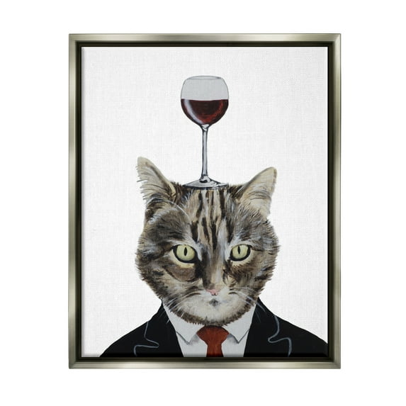 Stupell Industries Cat In Suit Wine Glass Animals & Insects Painting Gray Floater Framed Art Print Wall Art