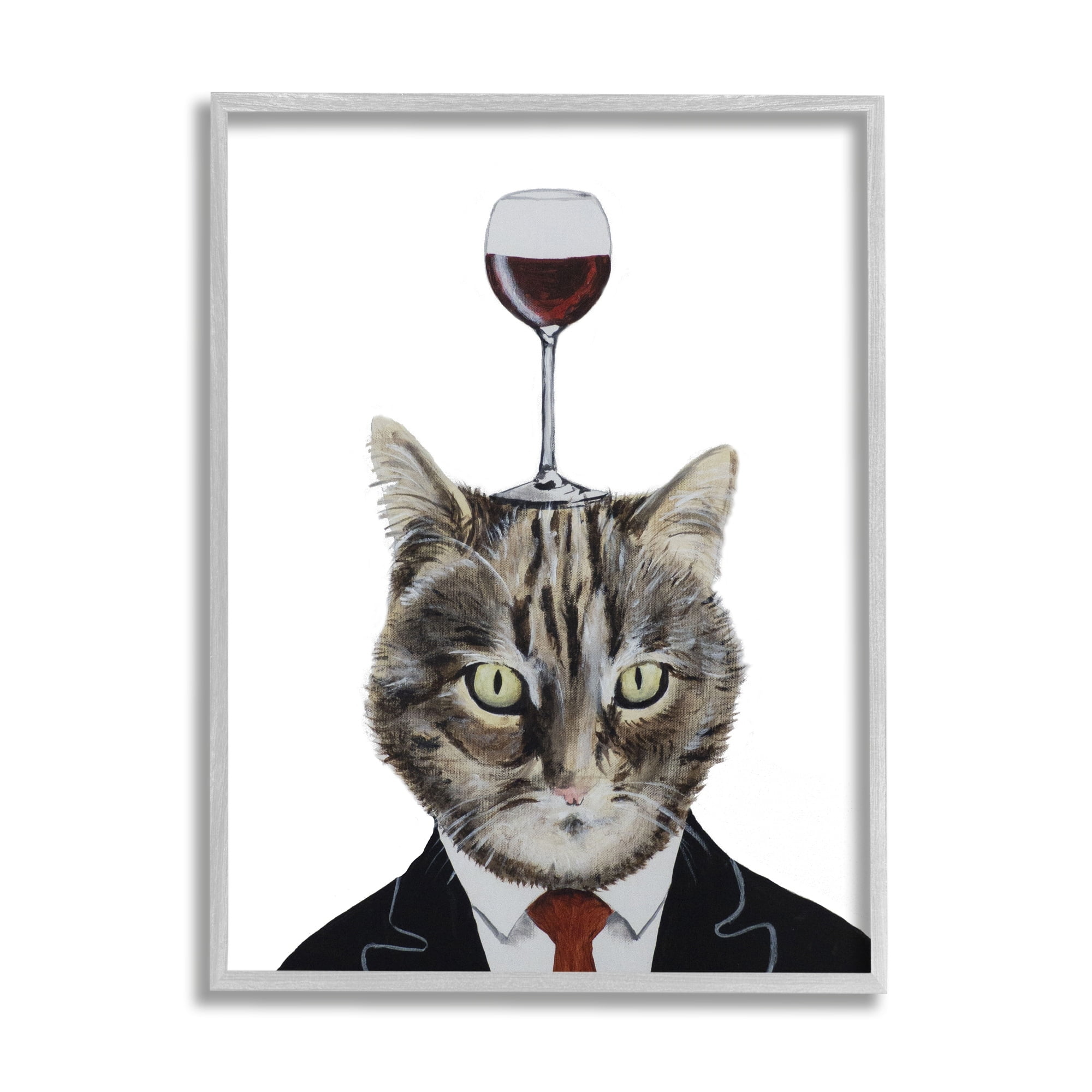 Stupell Industries Cat In Suit Wine Glass Animals & Insects Painting Gray Framed Art Print Wall Art