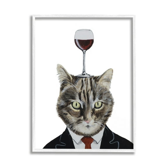 Stupell Industries Cat In Suit Wine Glass Animals & Insects Painting White Framed Art Print Wall Art