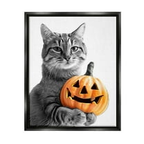 Stupell Industries Cat & Jack-o-Lantern Holiday Painting Black Floater Framed Canvas Art Print Wall Art, 17 x 21