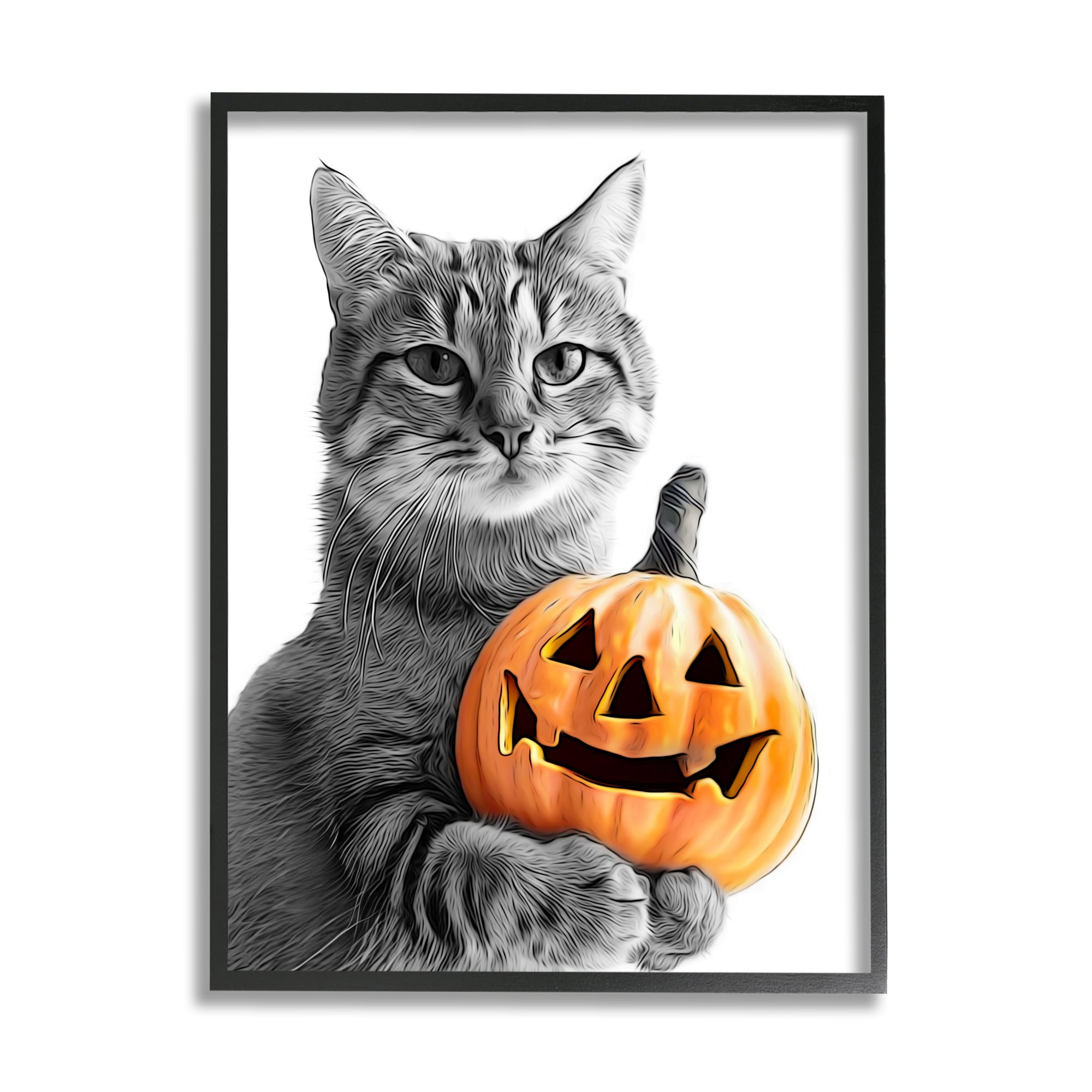 Stupell Industries Cat & Jack-o-Lantern Holiday Painting Black Framed Art Print Wall Art, 16 x 20