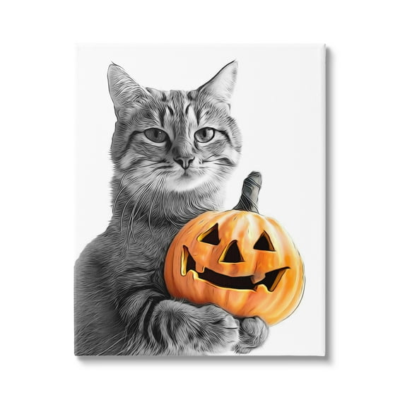 Stupell Industries Cat & Jack-o-Lantern Holiday Painting Gallery Wrapped Canvas Art Print Wall Art, 24 x 30