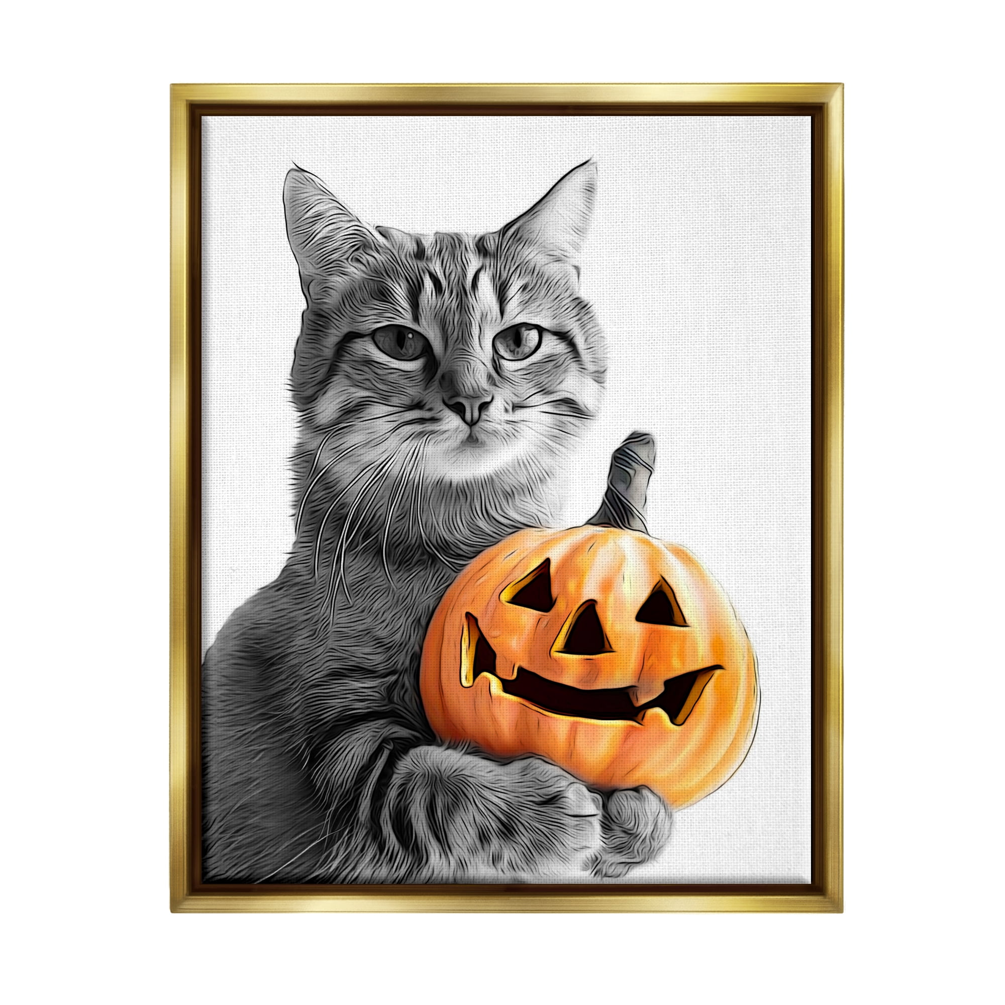 Stupell Industries Cat & Jack-o-Lantern Holiday Painting Gold Floater Framed Canvas Art Print Wall Art, 25 x 31