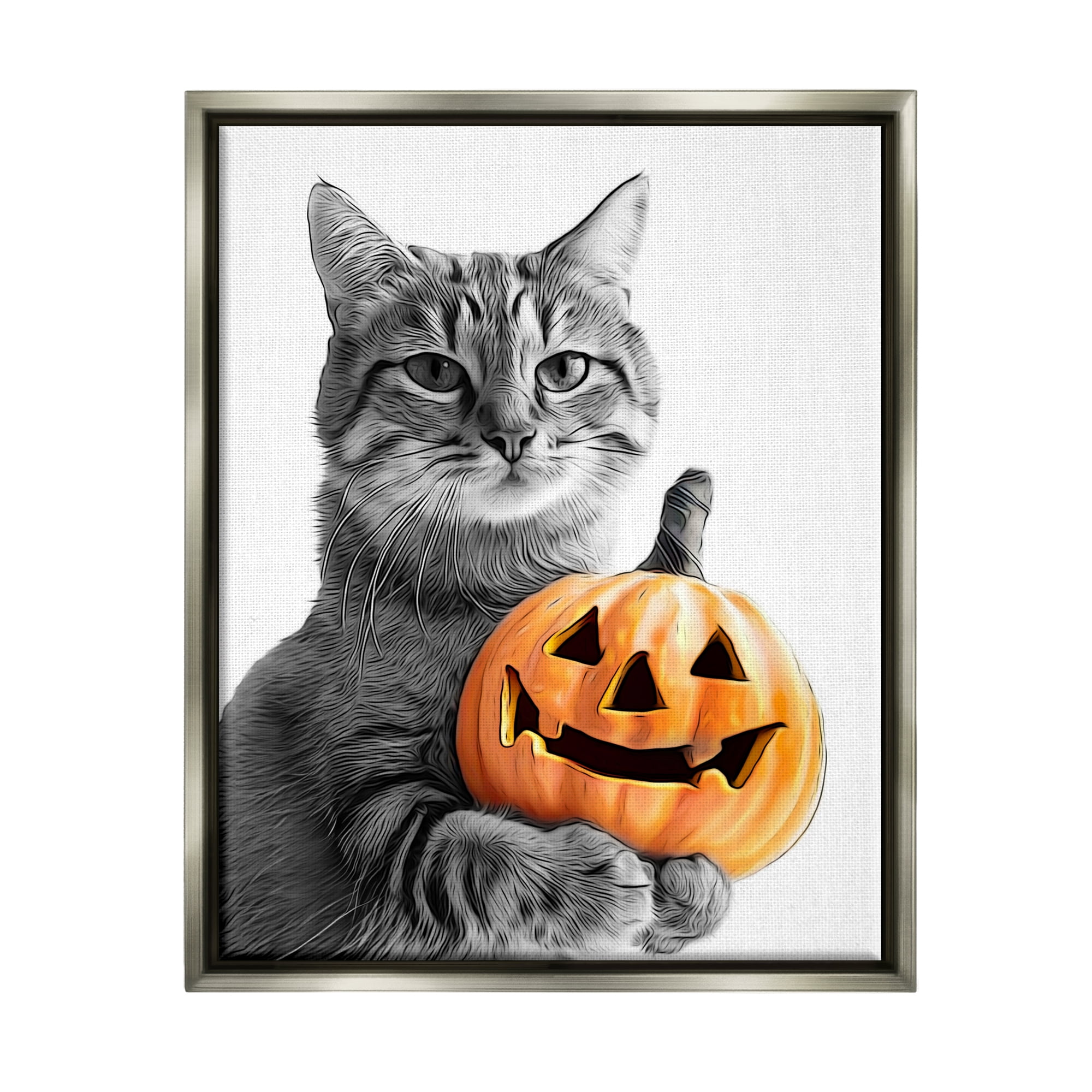 Stupell Industries Cat & Jack-o-Lantern Holiday Painting Gray Floater Framed Canvas Art Print Wall Art, 25 x 31