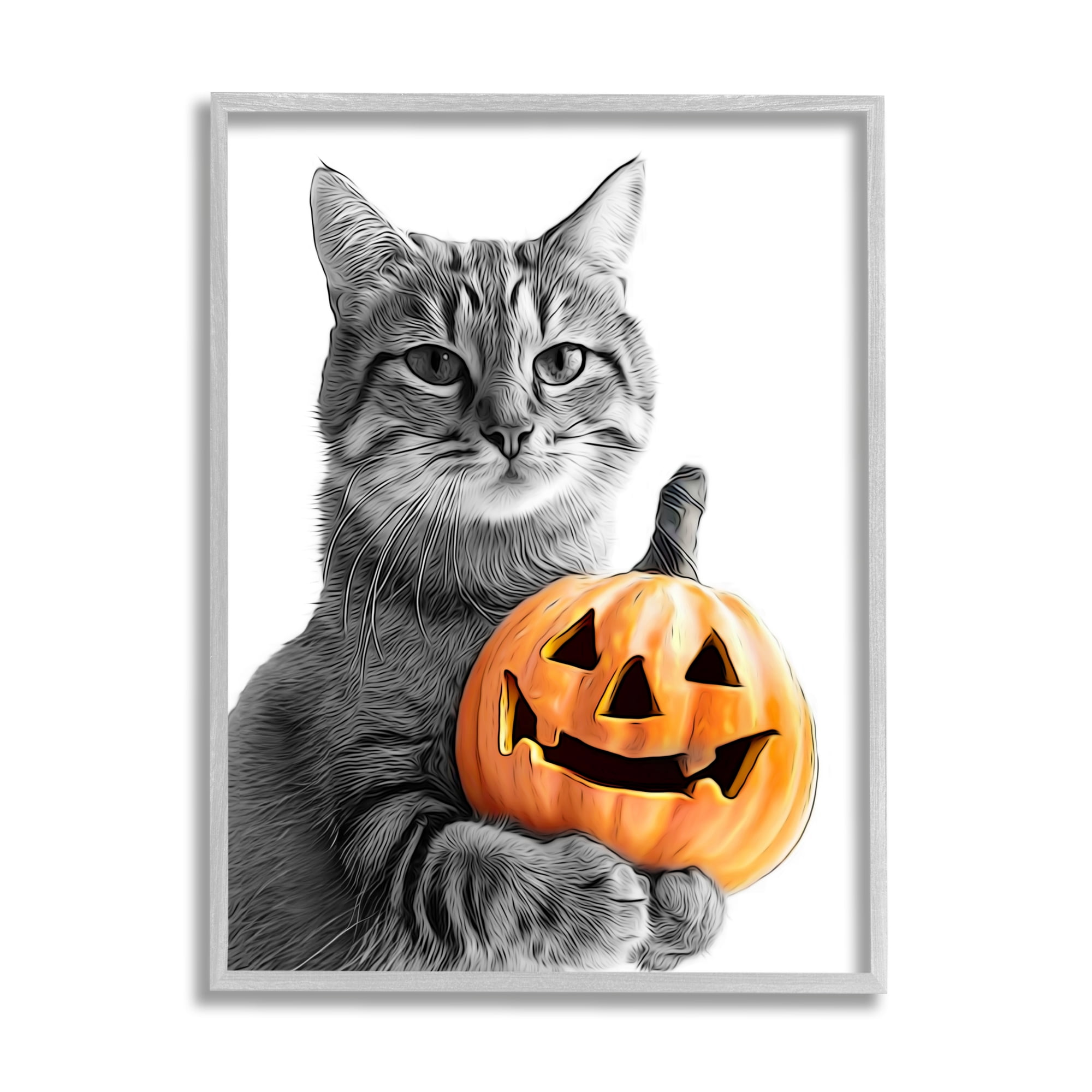 Stupell Industries Cat & Jack-o-Lantern Holiday Painting Gray Framed Art Print Wall Art, 16 x 20